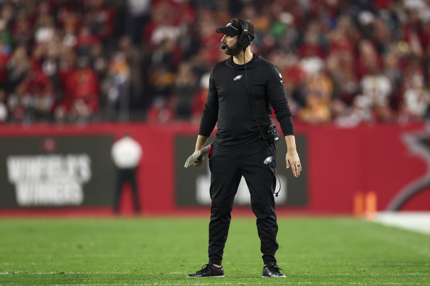 TAMPA, FL - JANUARY 15: Head coach Nick Sirianni of the Philadelphia Eagles walks onto the field during the fourth quarter of an NFL wild-card playoff football game against the Tampa Bay Buccaneers at Raymond James Stadium on January 15, 2024 in Tampa, Florida. (Photo by Kevin Sabitus/Getty Images)