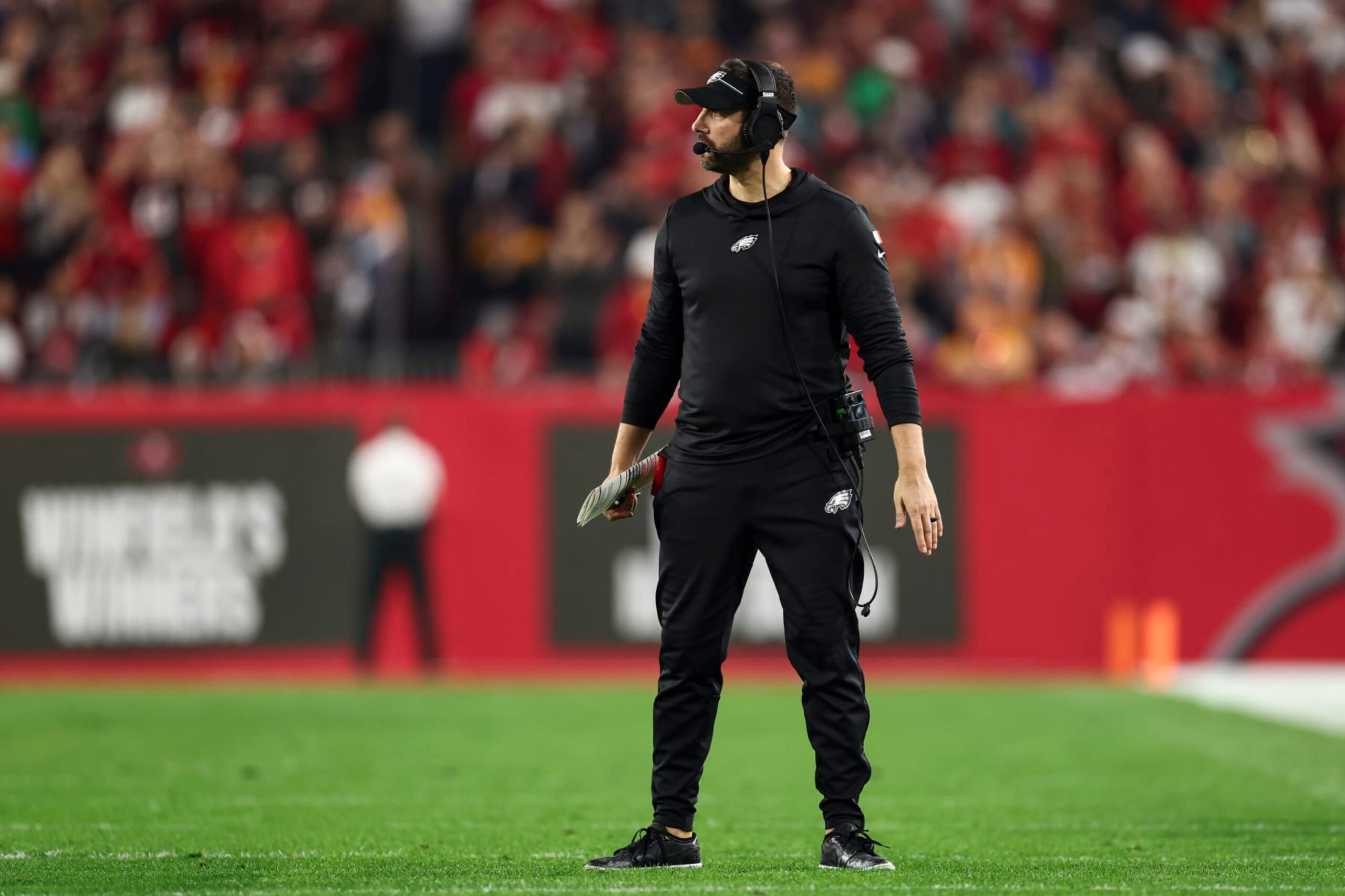 TAMPA, FL - JANUARY 15: Head coach Nick Sirianni of the Philadelphia Eagles walks onto the field during the fourth quarter of an NFL wild-card playoff football game against the Tampa Bay Buccaneers at Raymond James Stadium on January 15, 2024 in Tampa, Florida. (Photo by Kevin Sabitus/Getty Images)