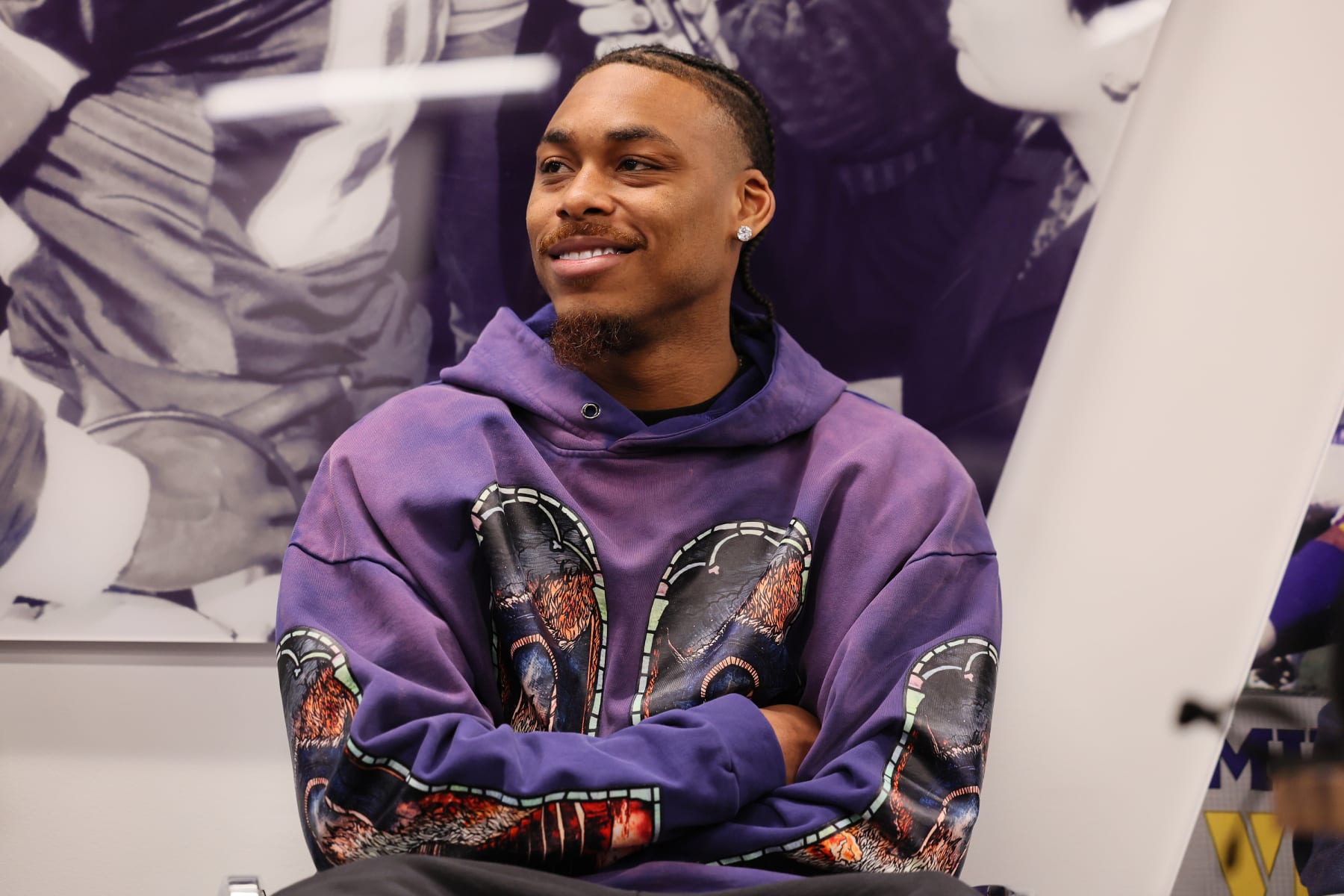 EAGAN, MINNESOTA - JUNE 04: Justin Jefferson #18 of the Minnesota Vikings addresses the media in a press conference announcing a $140 million, four year contract extension at Twin Cities Orthopedics Performance Center during Minnesota Vikings mandatory minicamp on June 04, 2024 in Eagan, Minnesota.(Photo by Adam Bettcher/Getty Images)