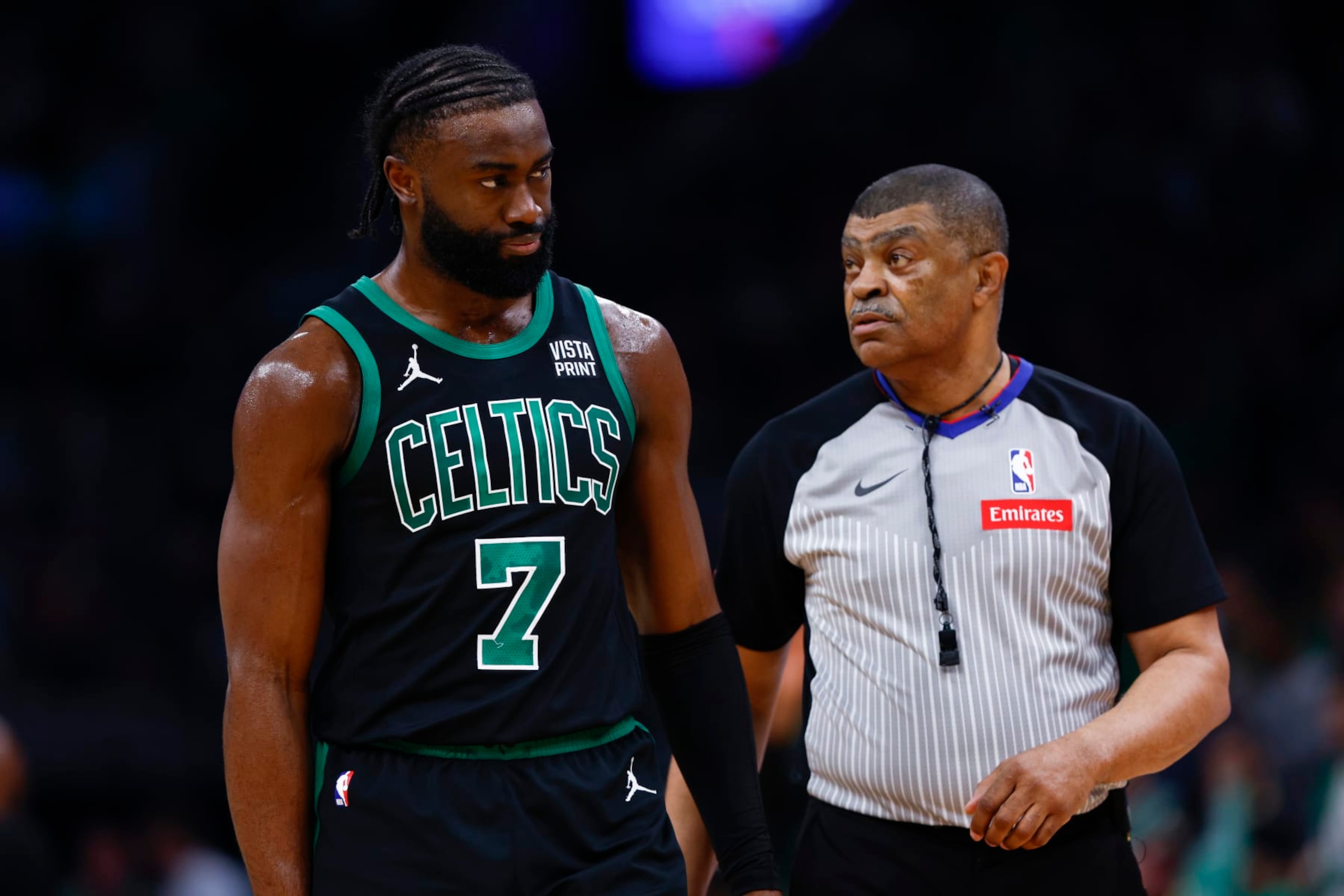 Boston, MA - May 15: Boston Celtics guard Jaylen Brown talks to referee Tony Brothers after Brown in the second quarter. (Photo by Danielle Parhizkaran/The Boston Globe via Getty Images)
