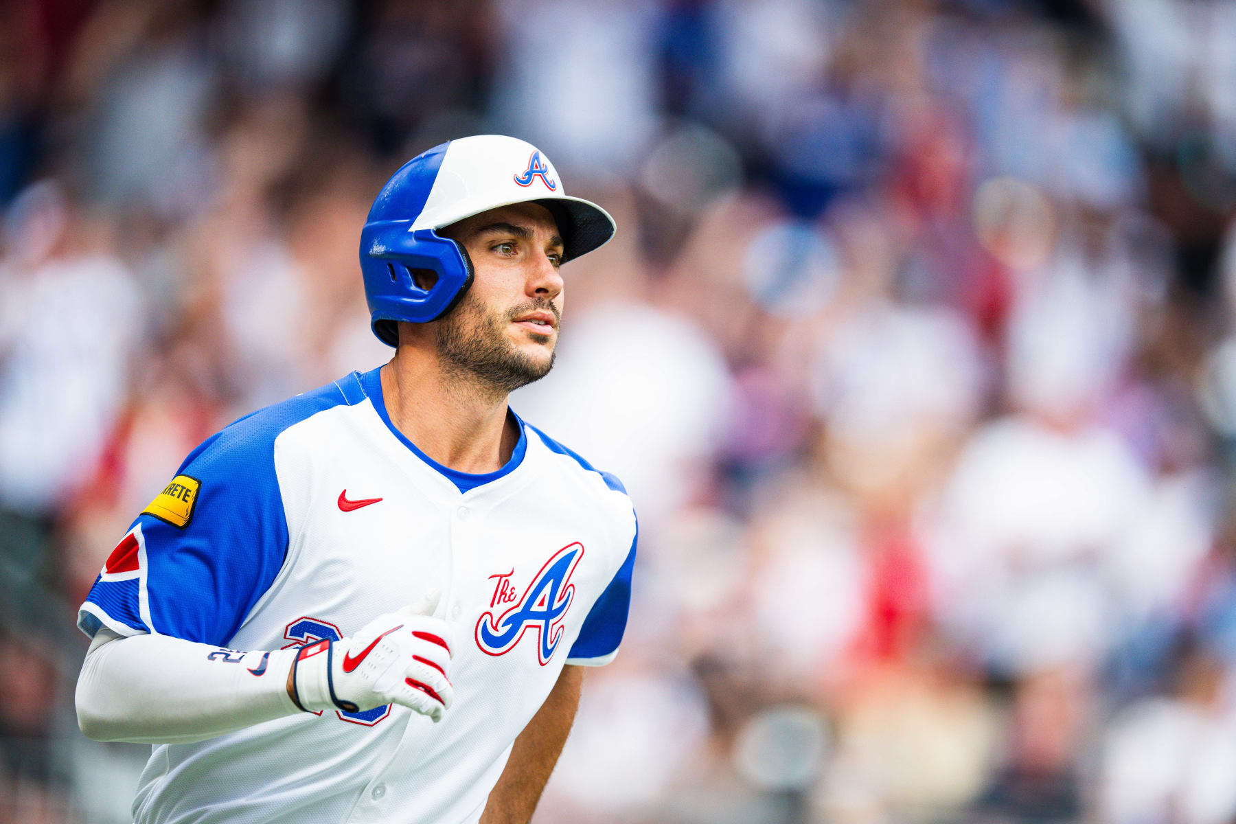 ATLANTA, GA - JUNE 1: Matt Olson #28 of the Atlanta Braves hits a home run during the fifth inning against the Oakland Athletics at Truist Park on June 1, 2024 in Atlanta, Georgia. (Kevin D. Liles/Atlanta Braves/Getty Images)