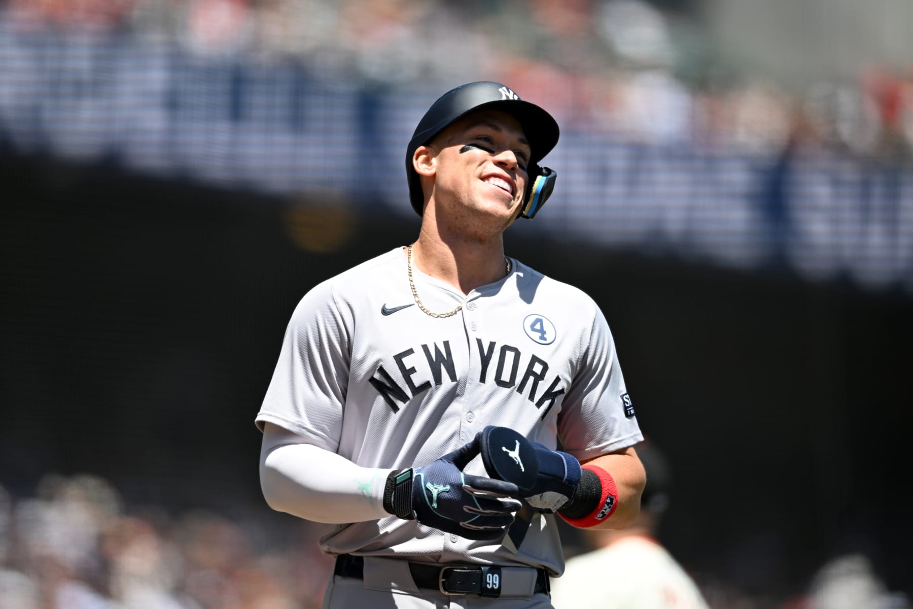 SAN FRANCISCO, CALIFORNIA - JUNE 2: Aaron Judge #99 of the New York Yankees smiles after a steal at second base  at Oracle Park on June 2, 2024 in San Francisco, California. (Photo by Brandon Vallance/Getty Images)