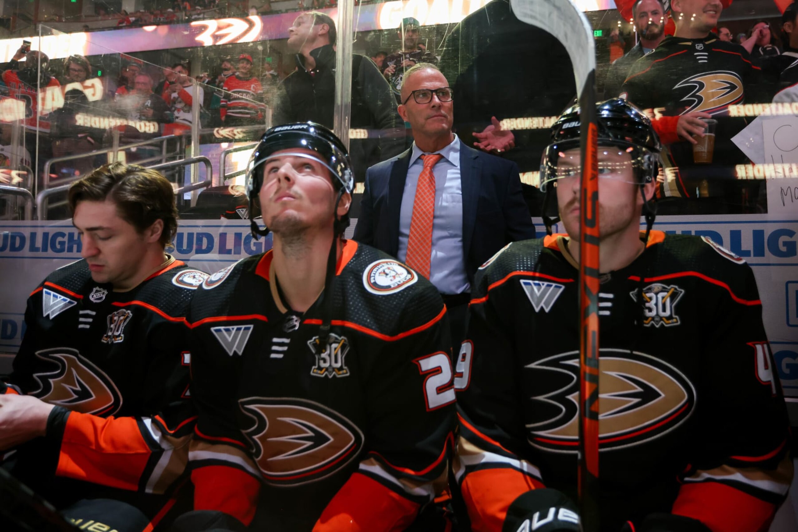 ANAHEIM, CA - MARCH 21:  Greg Cronin of the Anaheim Ducks looks on from the bench prior to the game against the Chicago Blackhawks at Honda Center on March 21, 2024 in Anaheim, California. (Photo by Debora Robinson/NHLI via Getty Images)