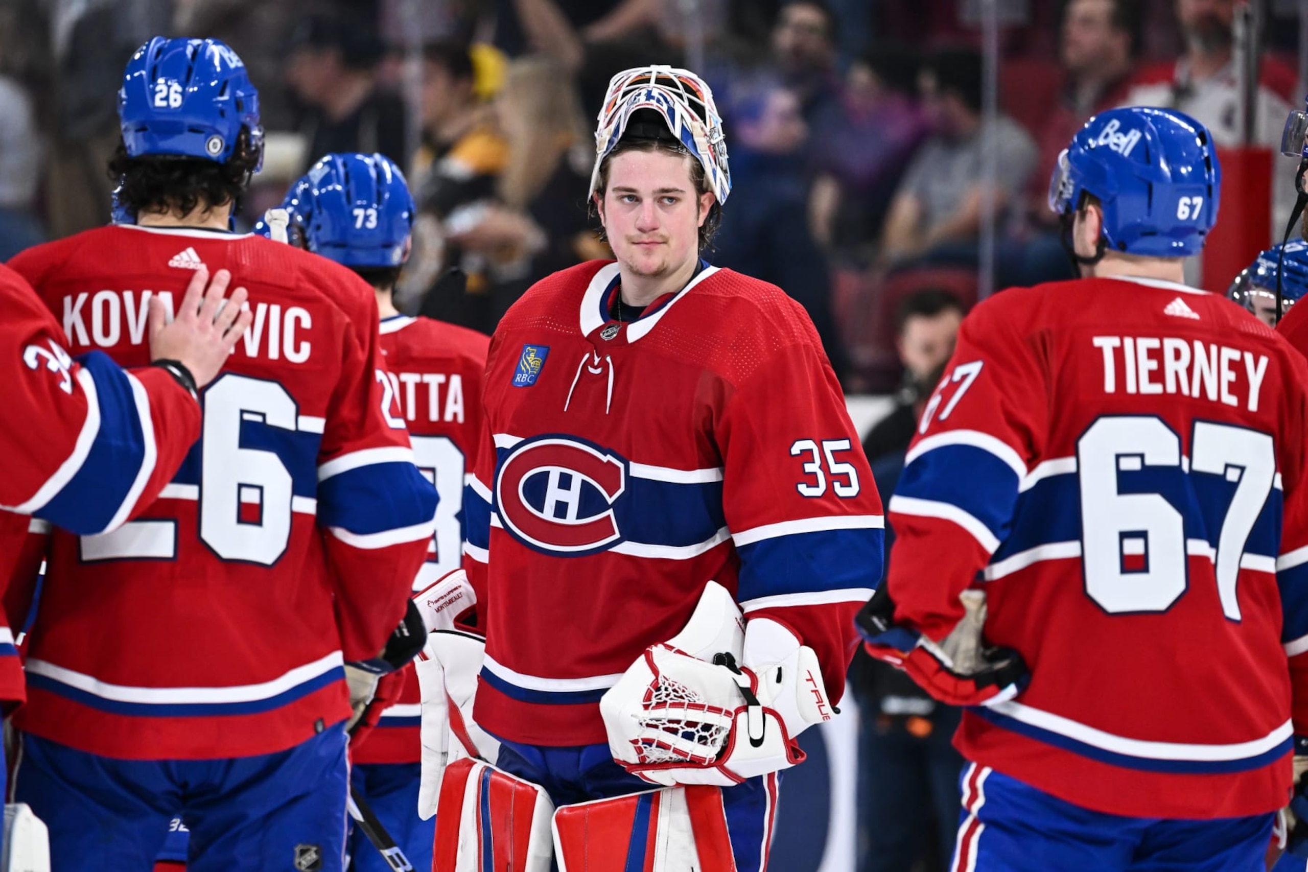 MONTREAL, CANADA - APRIL 13:  Goaltender Sam Montembeault #35 of the Montreal Canadiens skates after a 5-4 loss to the Boston Bruins at Centre Bell on April 13, 2023 in Montreal, Quebec, Canada.  (Photo by Minas Panagiotakis/Getty Images)