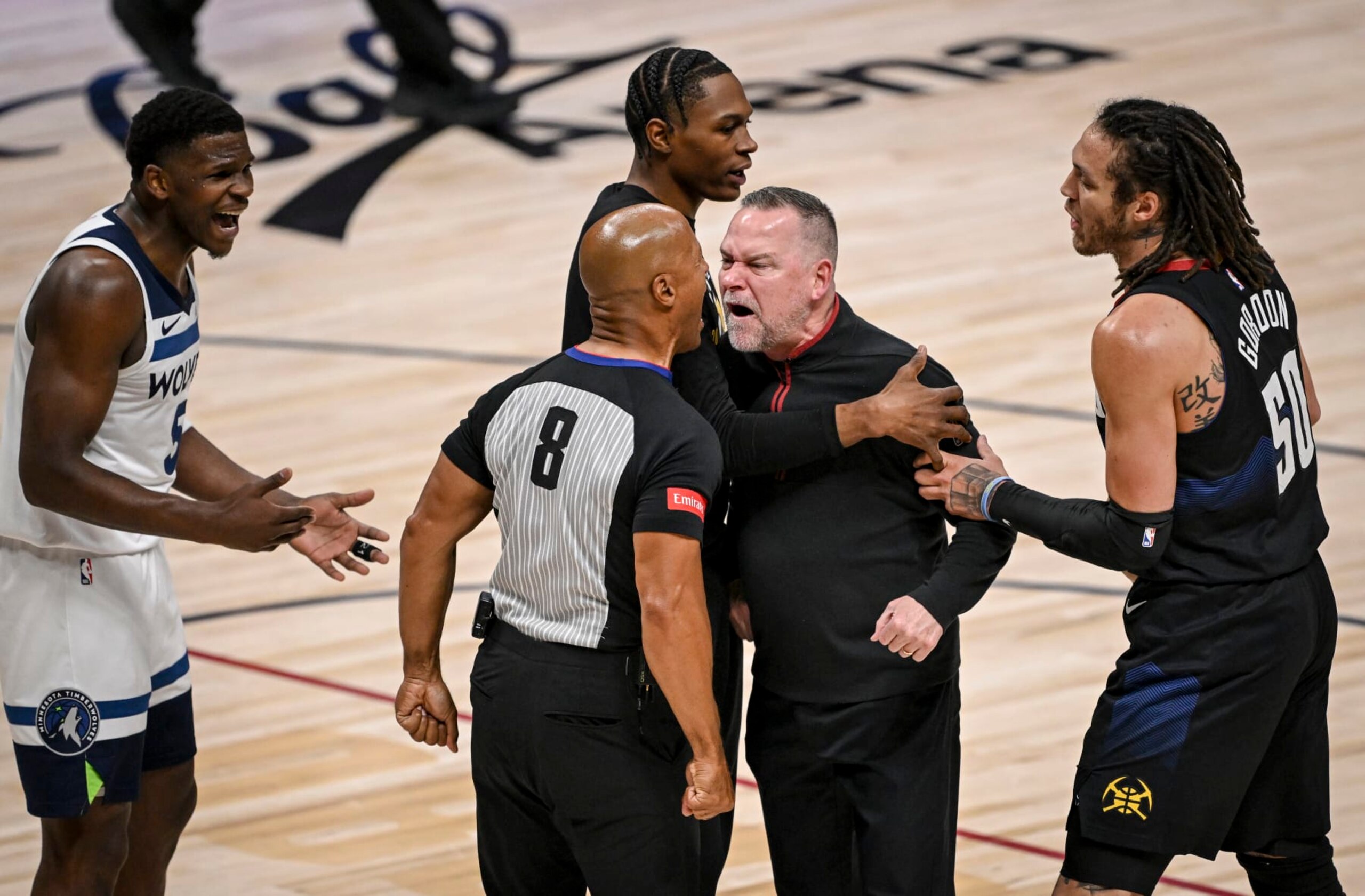 Anthony Edwards, Peyton Watson, Marc Davis, Michael Malone and Aaron Gordon