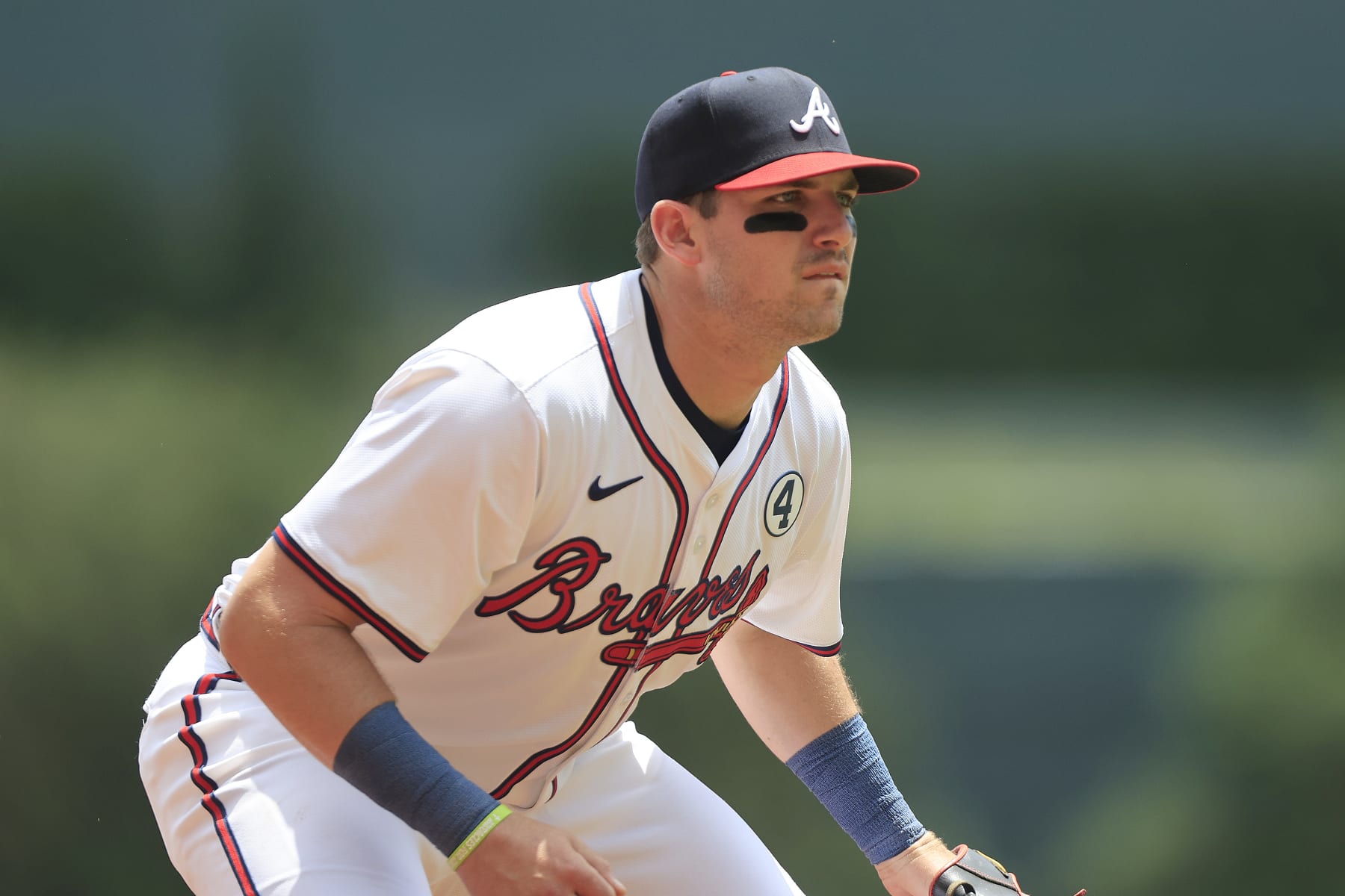 ATLANTA, GA - JUNE 01: Atlanta Braves third baseman Austin Riley #27 during the Saturday afternoon MLB game between the Atlanta Braves and the Oakland A's on June 1, 2024 at Truist Park in Atlanta, Georgia.  (Photo by David J. Griffin/Icon Sportswire via Getty Images)