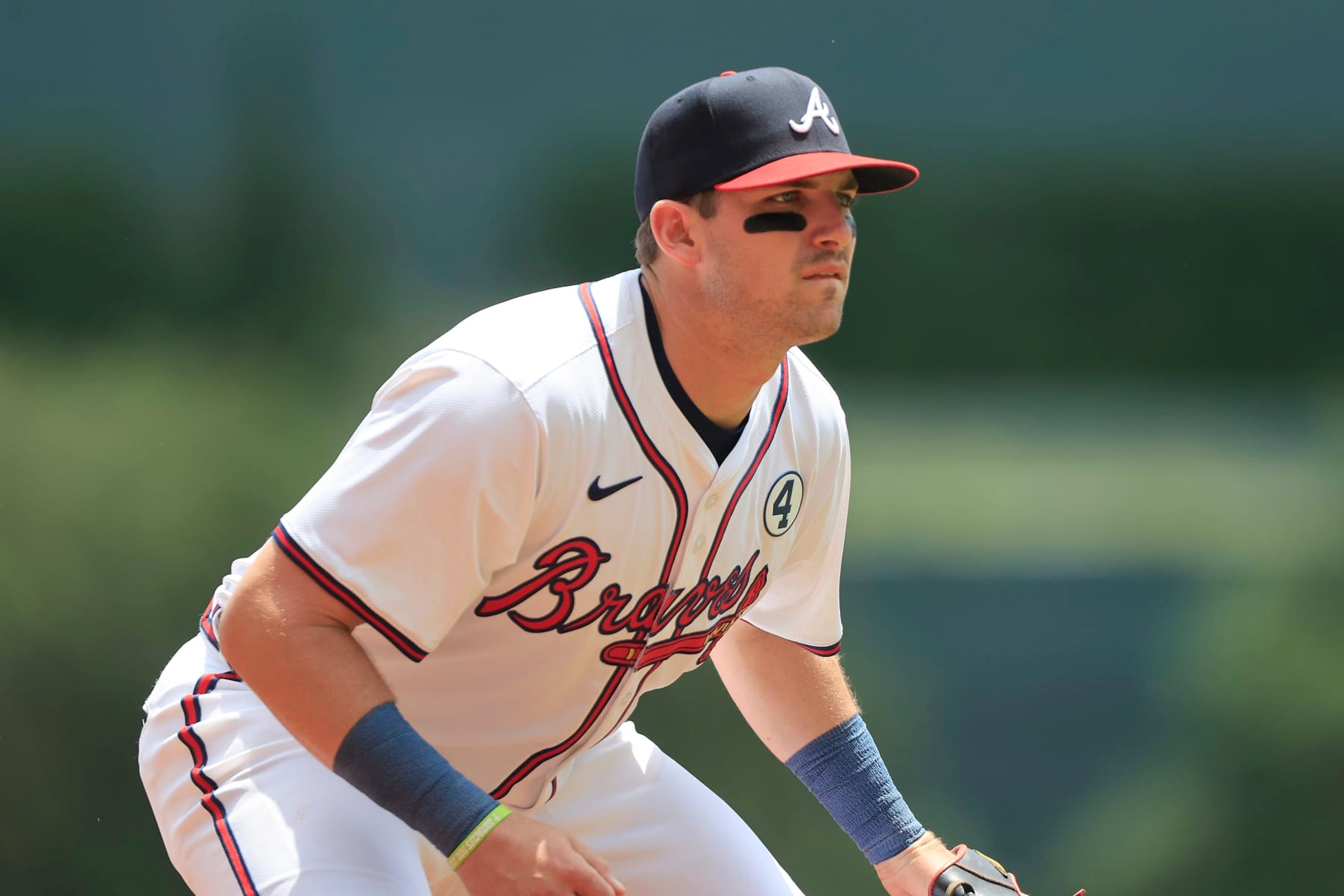 ATLANTA, GA - JUNE 01: Atlanta Braves third baseman Austin Riley #27 during the Saturday afternoon MLB game between the Atlanta Braves and the Oakland A's on June 1, 2024 at Truist Park in Atlanta, Georgia.  (Photo by David J. Griffin/Icon Sportswire via Getty Images)
