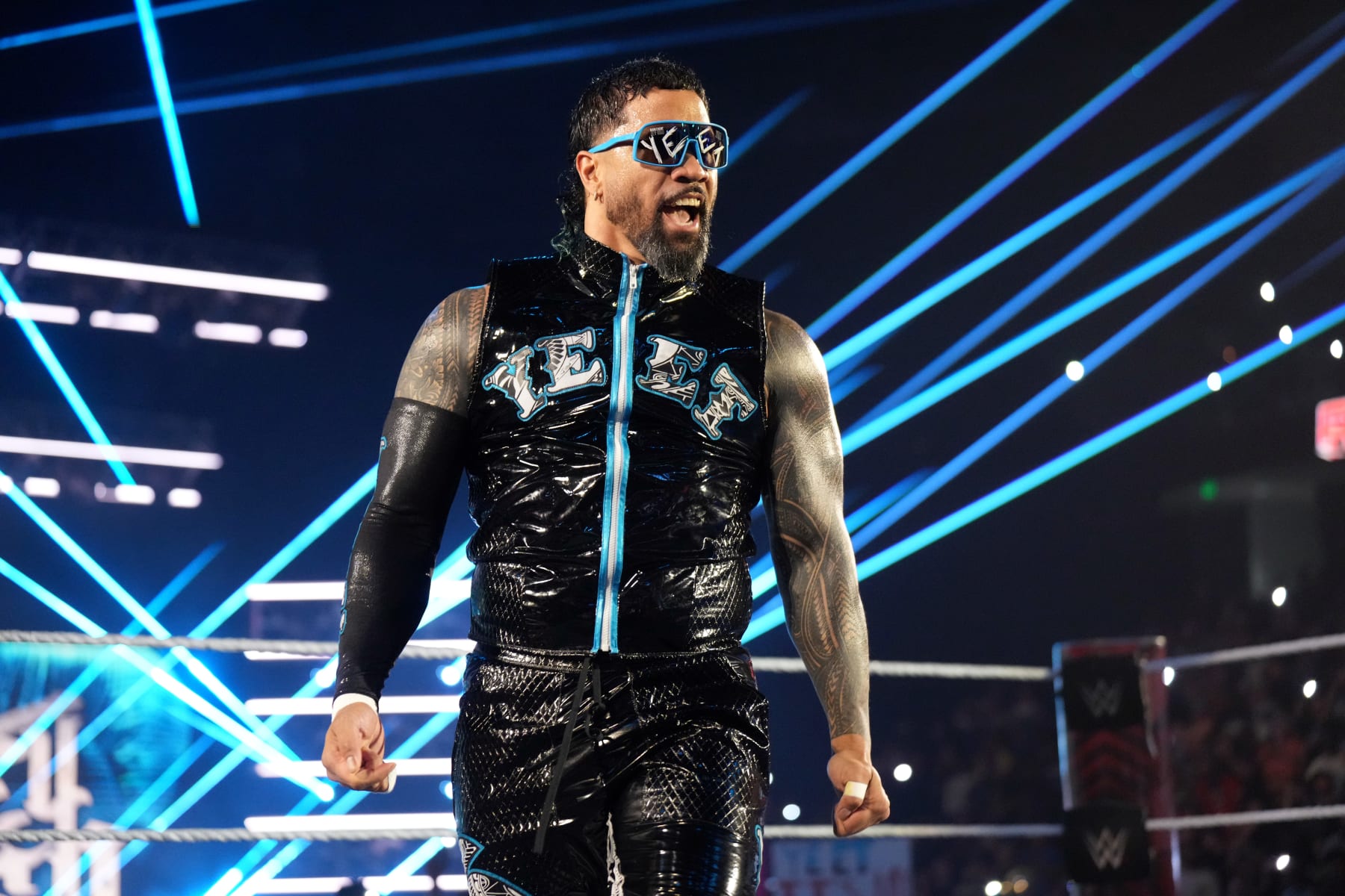 GREENVILLE, SOUTH CAROLINA - MAY 13: Jey Uso makes his in-ring entrance during an episode of Monday Night RAW at Bon Secours Wellness Arena on May 13, 2024 in Greenville, South Carolina. (Photo by WWE/Getty Images)