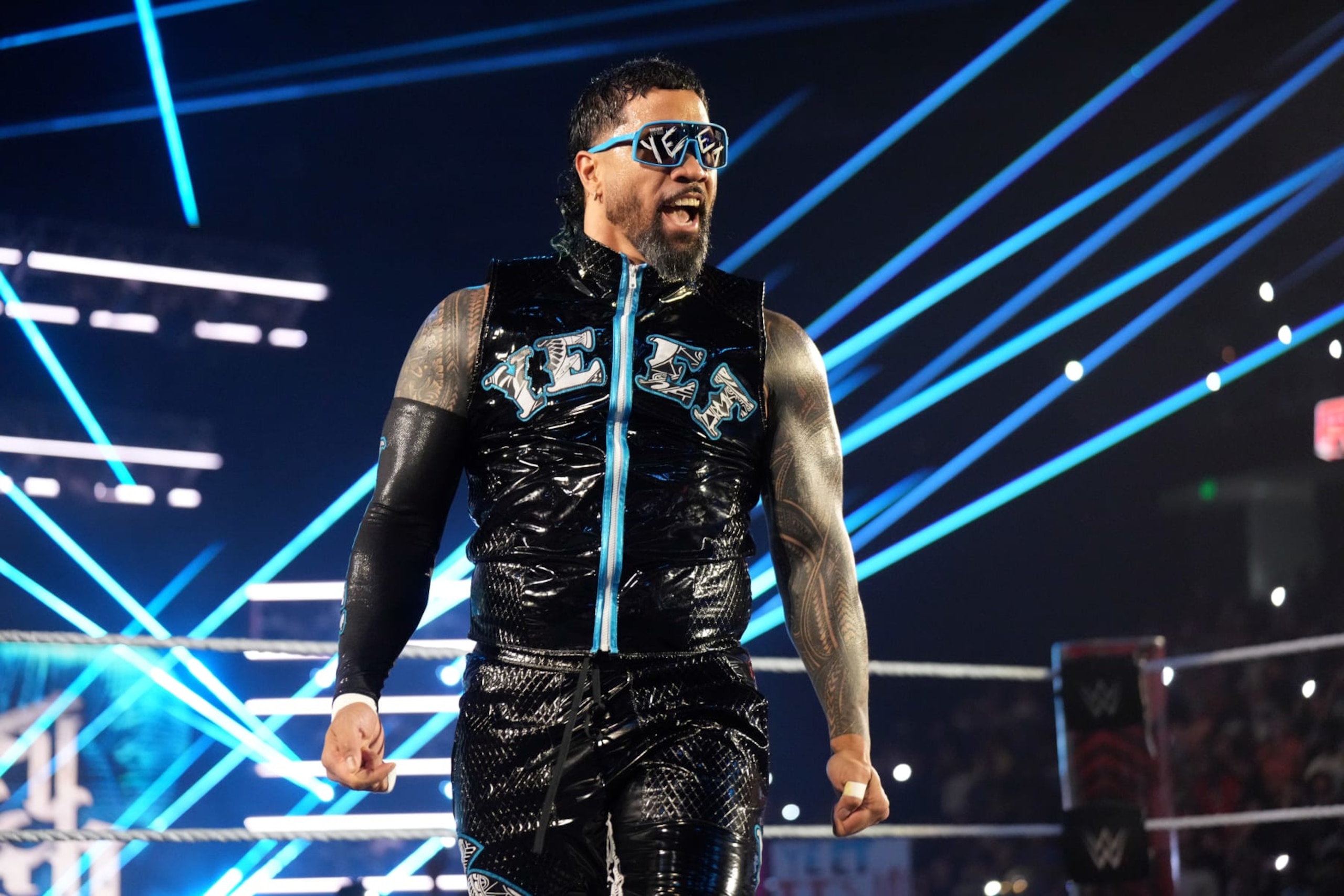 GREENVILLE, SOUTH CAROLINA - MAY 13: Jey Uso makes his in-ring entrance during an episode of Monday Night RAW at Bon Secours Wellness Arena on May 13, 2024 in Greenville, South Carolina. (Photo by WWE/Getty Images)