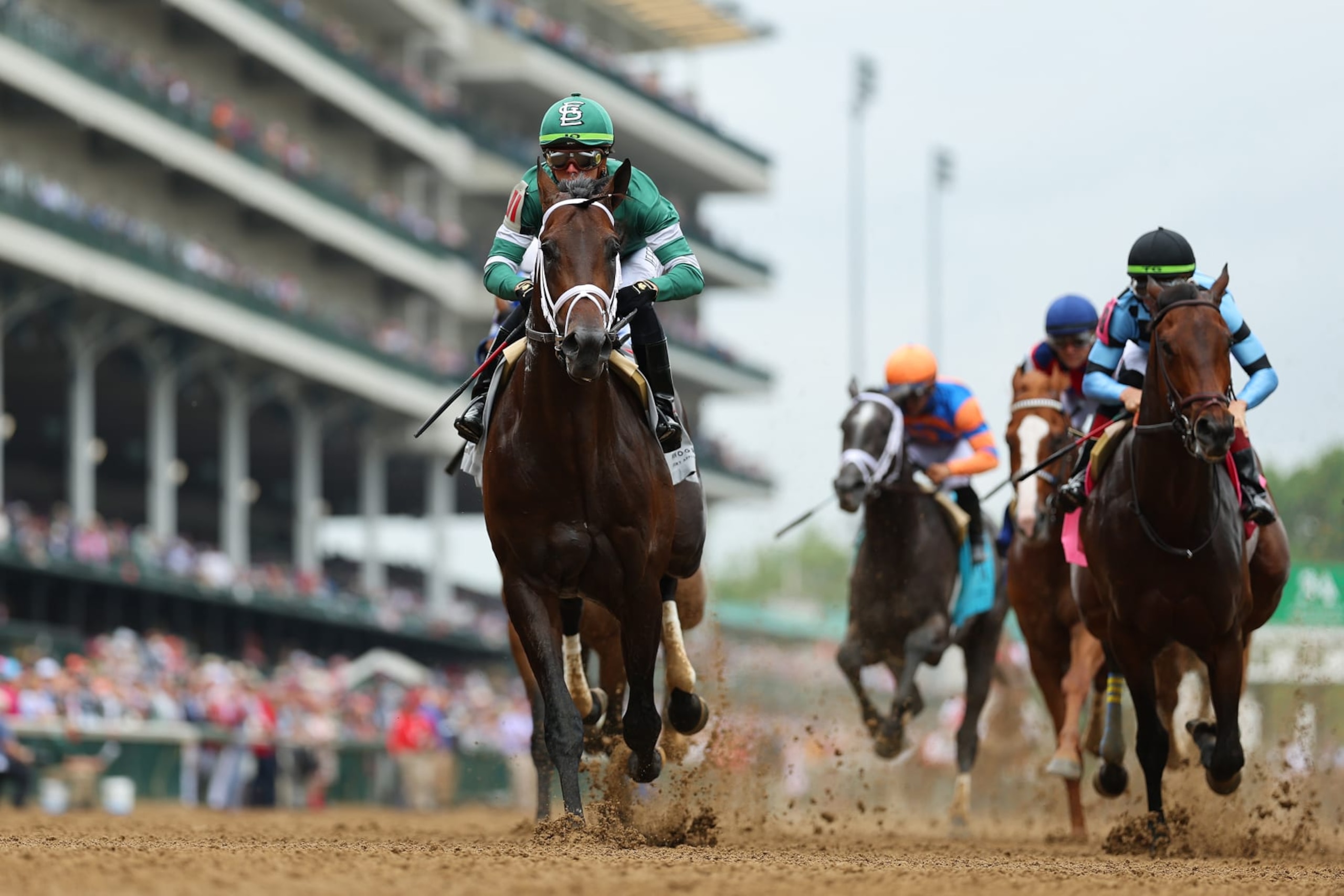 LOUISVILLE, KENTUCKY - MAY 04: Mindframe #11, with Irad Ortiz Jr. aboard, leads a undercard race to the first turn ahead of the 150th running of the Kentucky Derby at Churchill Downs on May 04, 2024 in Louisville, Kentucky. (Photo by Michael Reaves/Getty Images) LOUISVILLE, KENTUCKY - MAY 04: Mindframe #11, with Irad Ortiz Jr. aboard, leads a undercard race to the first turn ahead of the 150th running of the Kentucky Derby at Churchill Downs on May 04, 2024 in Louisville, Kentucky. (Photo by Michael Reaves/Getty Images)