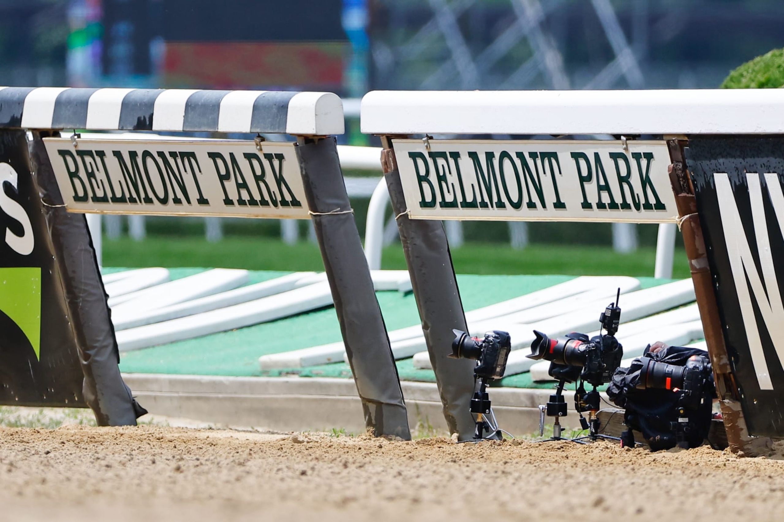 HEMPSTEAD, NY - JUNE 10: A general view of the finish line at Belmont Park on June 10, 2023 in Hempstead, New York. (Photo by Rich Graessle/Icon Sportswire via Getty Images) HEMPSTEAD, NY - JUNE 10: A general view of the finish line at Belmont Park on June 10, 2023 in Hempstead, New York. (Photo by Rich Graessle/Icon Sportswire via Getty Images)