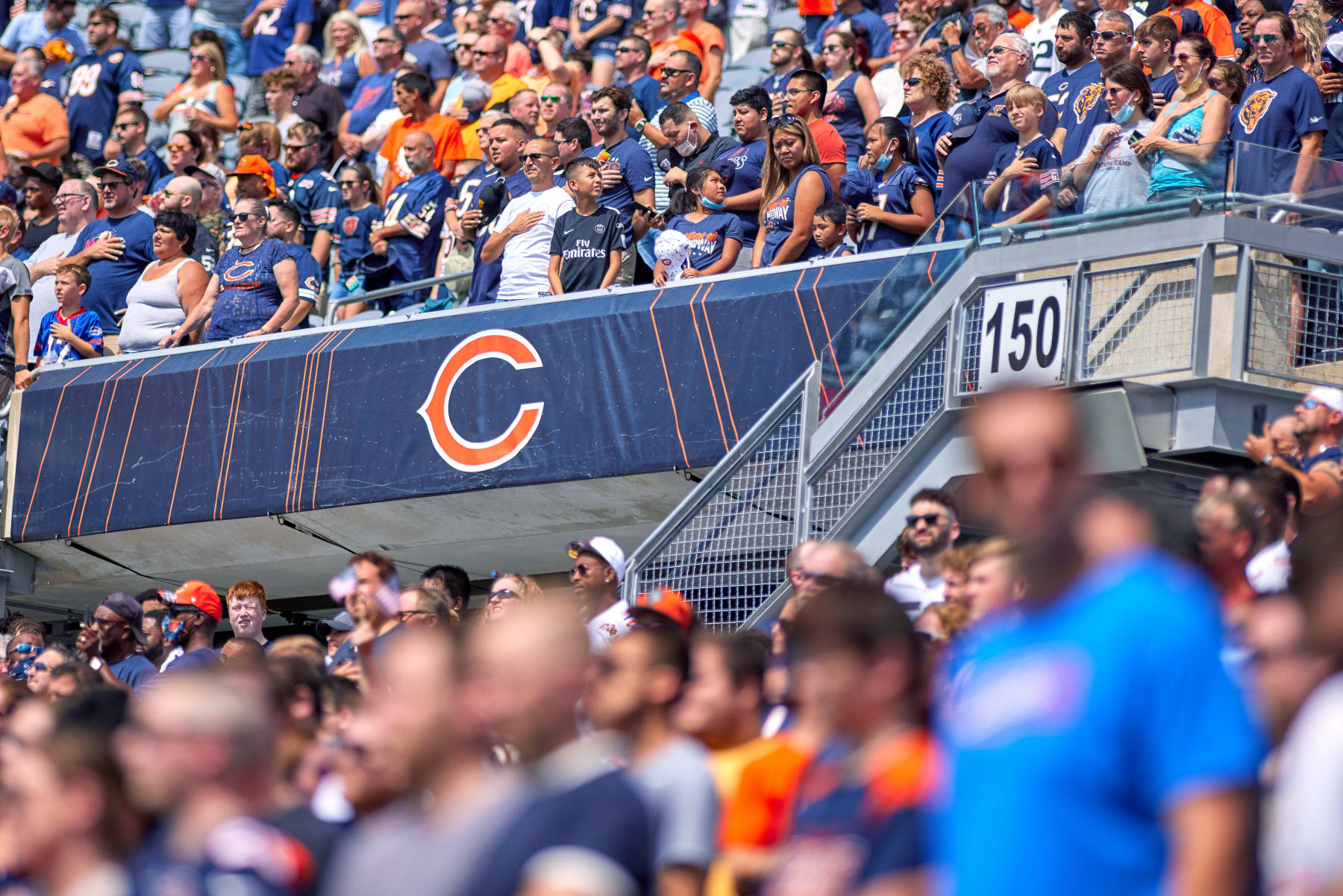 CHICAGO, IL - AUGUST 21: A detail view of a Chicago Bears logo is seen on a banner during a preseason game between the Chicago Bears and the Buffalo Bills on August 21, 2021 at Soldier Field in Chicago, IL. (Photo by Robin Alam/Icon Sportswire via Getty Images)