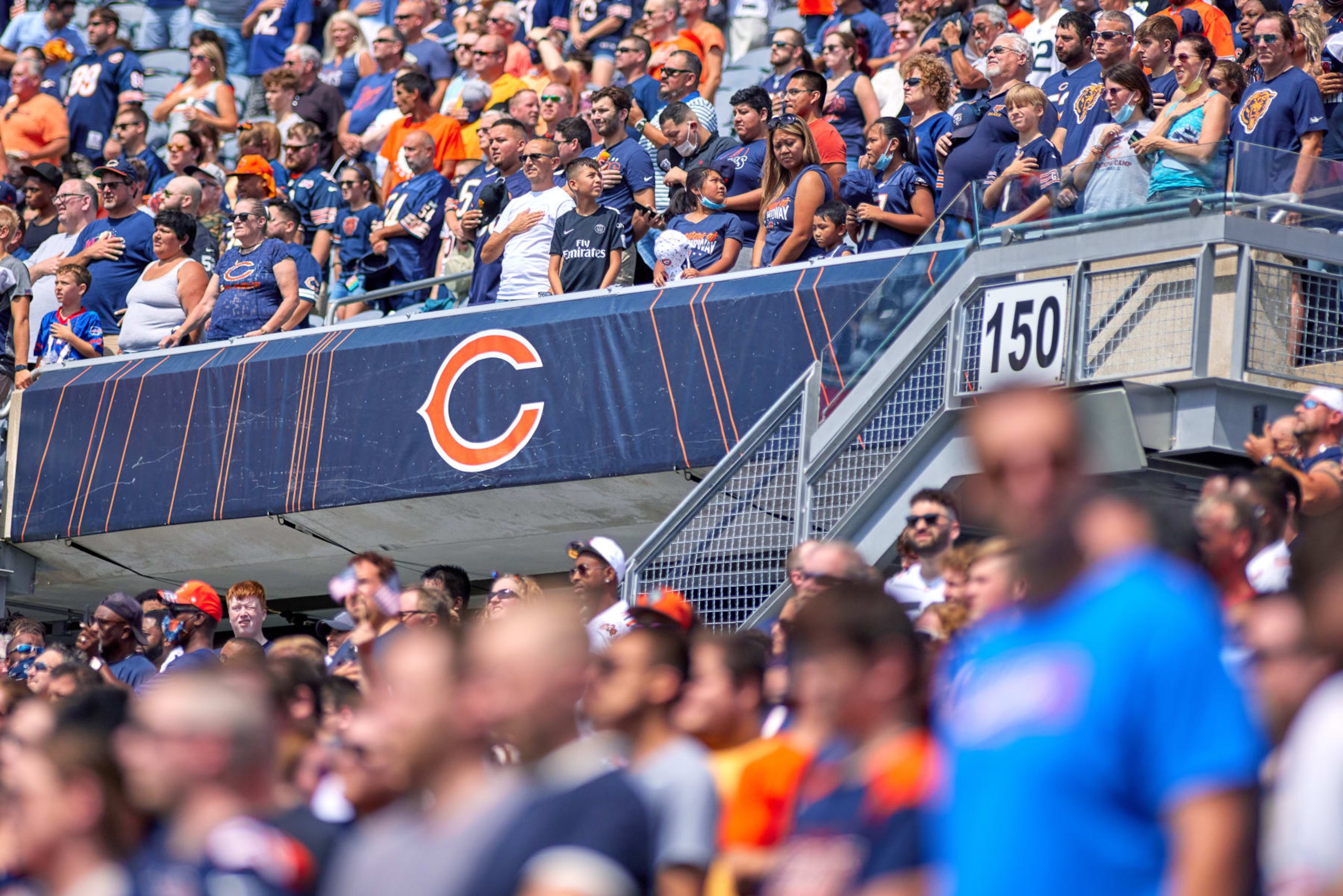 CHICAGO, IL - AUGUST 21: A detail view of a Chicago Bears logo is seen on a banner during a preseason game between the Chicago Bears and the Buffalo Bills on August 21, 2021 at Soldier Field in Chicago, IL. (Photo by Robin Alam/Icon Sportswire via Getty Images)