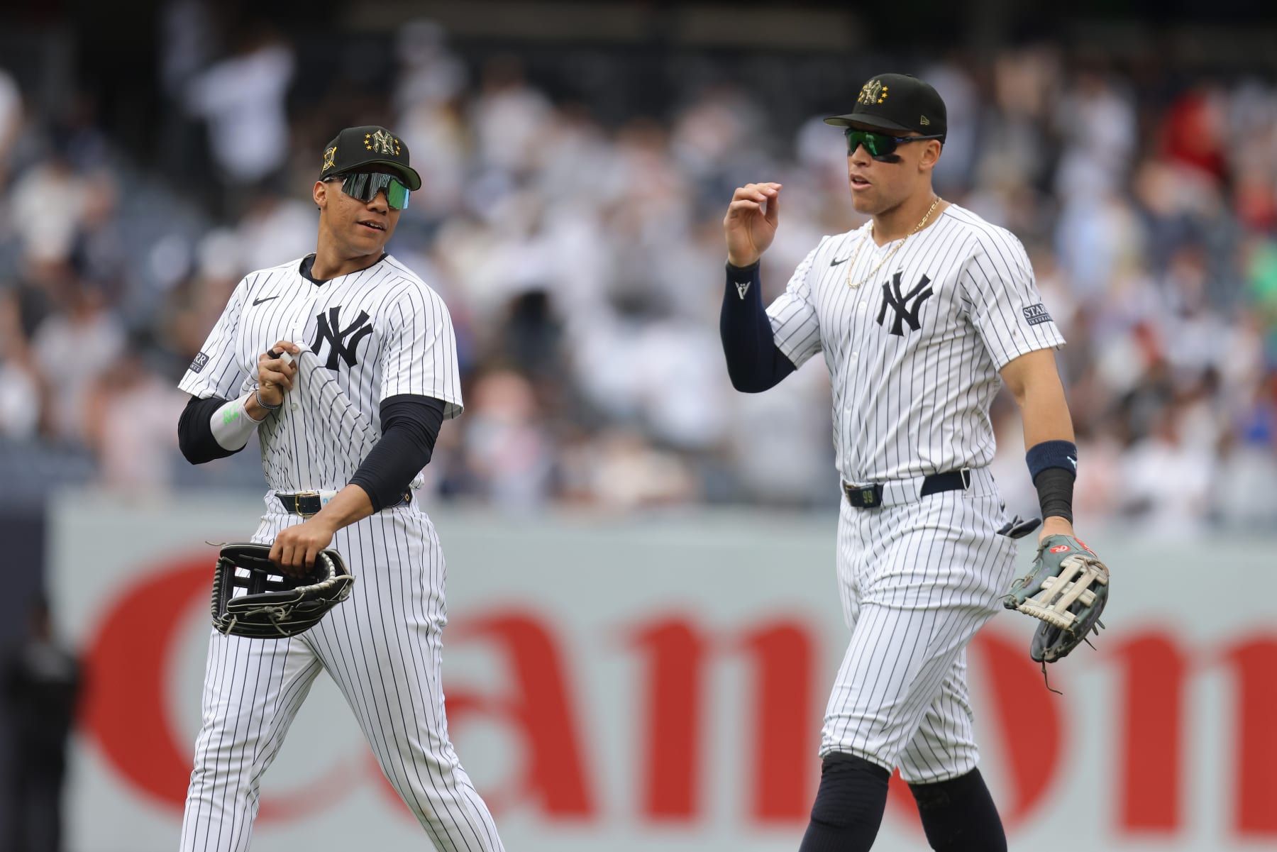 NEW YORK, NEW YORK - MAY 19: Juan Soto #22 and Aaron Judge #99 of the New York Yankees celebrate after defeating the Chicago White Sox 7-2 at Yankee Stadium on May 19, 2024 in New York City. New York Yankees defeated the Chicago White Sox 7-2. (Photo by Mike Stobe/Getty Images)