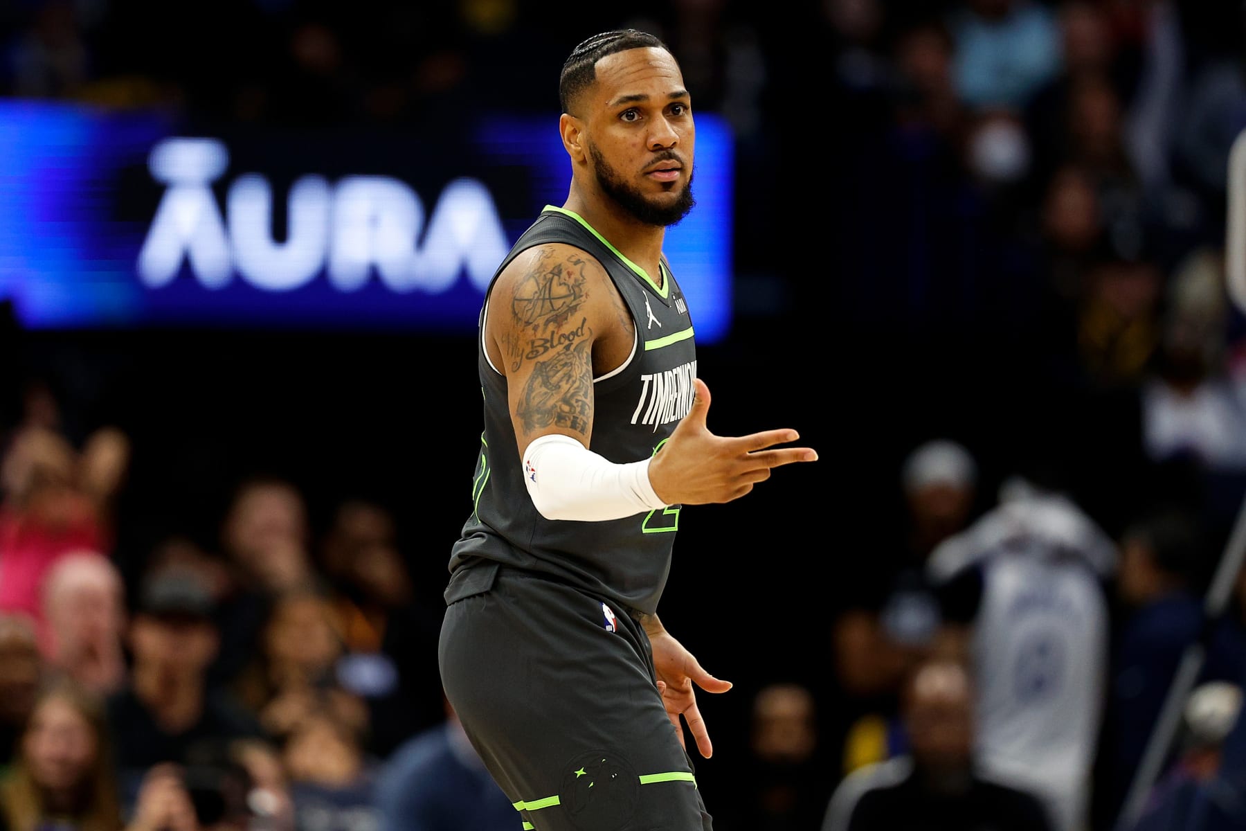 MINNEAPOLIS, MINNESOTA - MARCH 24: Monte Morris #23 of the Minnesota Timberwolves celebrates his three-point basket against the Golden State Warriors in the fourth quarter at Target Center on March 24, 2024 in Minneapolis, Minnesota. The Timberwolves defeated the Warriors 114-110. NOTE TO USER: User expressly acknowledges and agrees that, by downloading and or using this photograph, User is consenting to the terms and conditions of the Getty Images License Agreement. (Photo by David Berding/Getty Images)