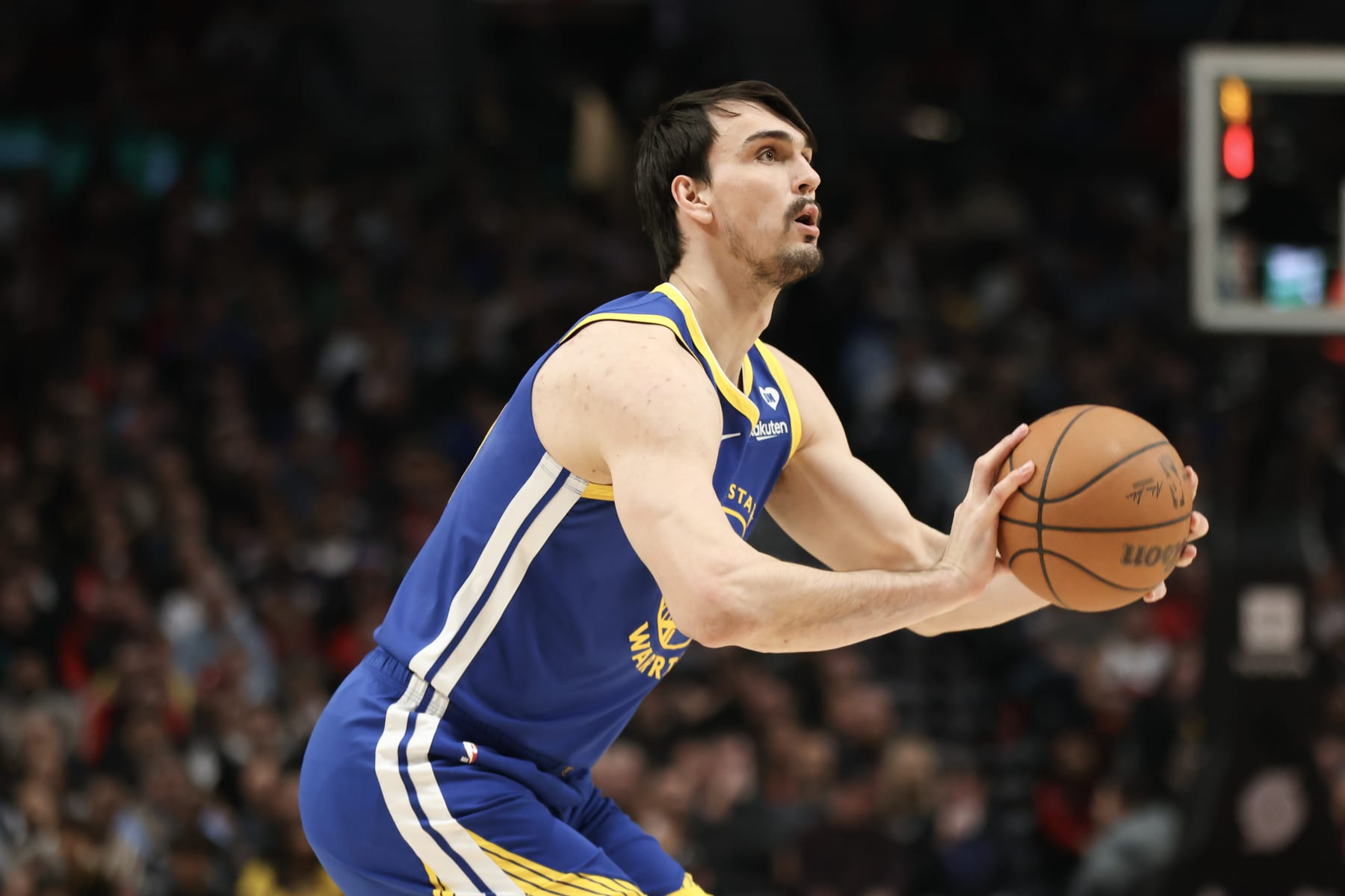 PORTLAND, OREGON - APRIL 11: Dario Saric #20 of the Golden State Warriors prepares to shoot against the Portland Trail Blazers during the second quarter at Moda Center on April 11, 2024 in Portland, Oregon. NOTE TO USER: User expressly acknowledges and agrees that, by downloading and or using this photograph, User is consenting to the terms and conditions of the Getty Images License Agreement.  (Photo by Amanda Loman/Getty Images)