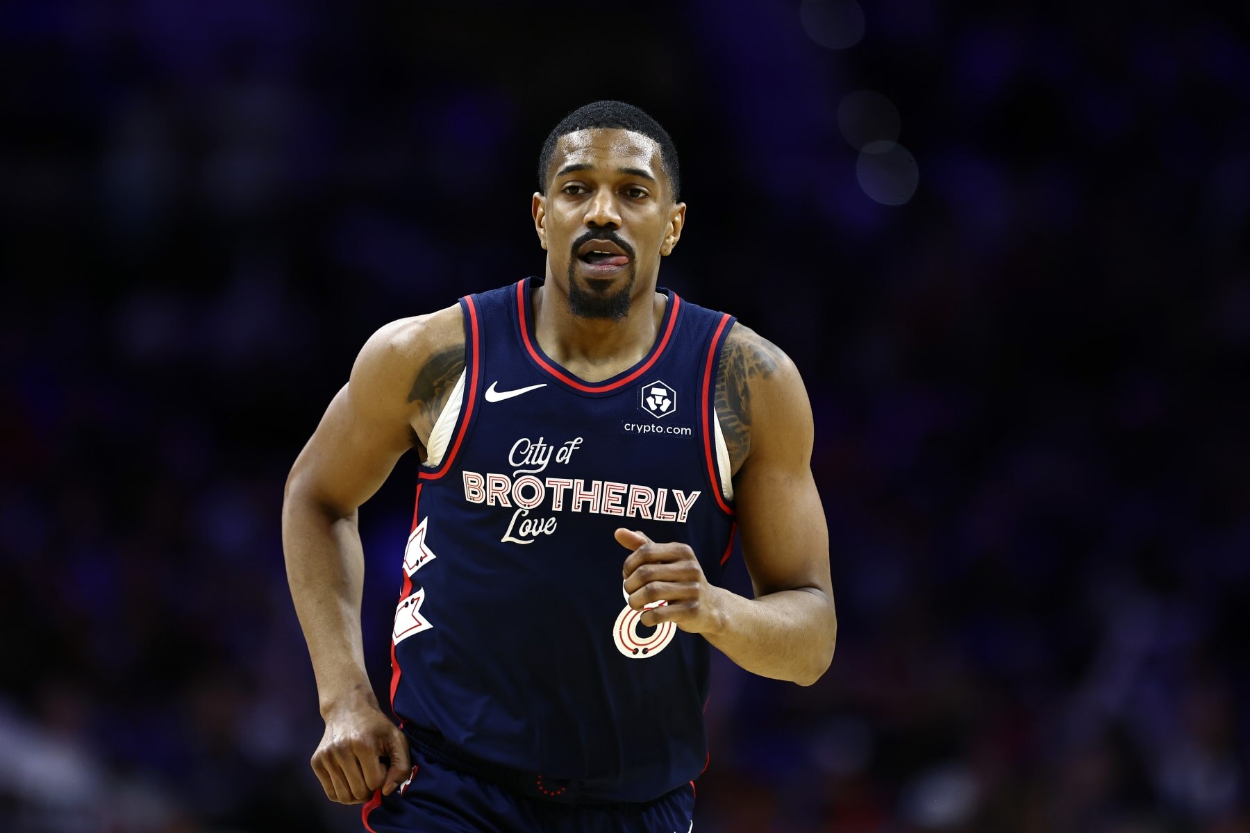 PHILADELPHIA, PENNSYLVANIA - APRIL 09: De'Anthony Melton #8 of the Philadelphia 76ers looks on during the fourth quarter against the Detroit Pistons at the Wells Fargo Center on April 09, 2024 in Philadelphia, Pennsylvania. (Photo by Tim Nwachukwu/Getty Images)