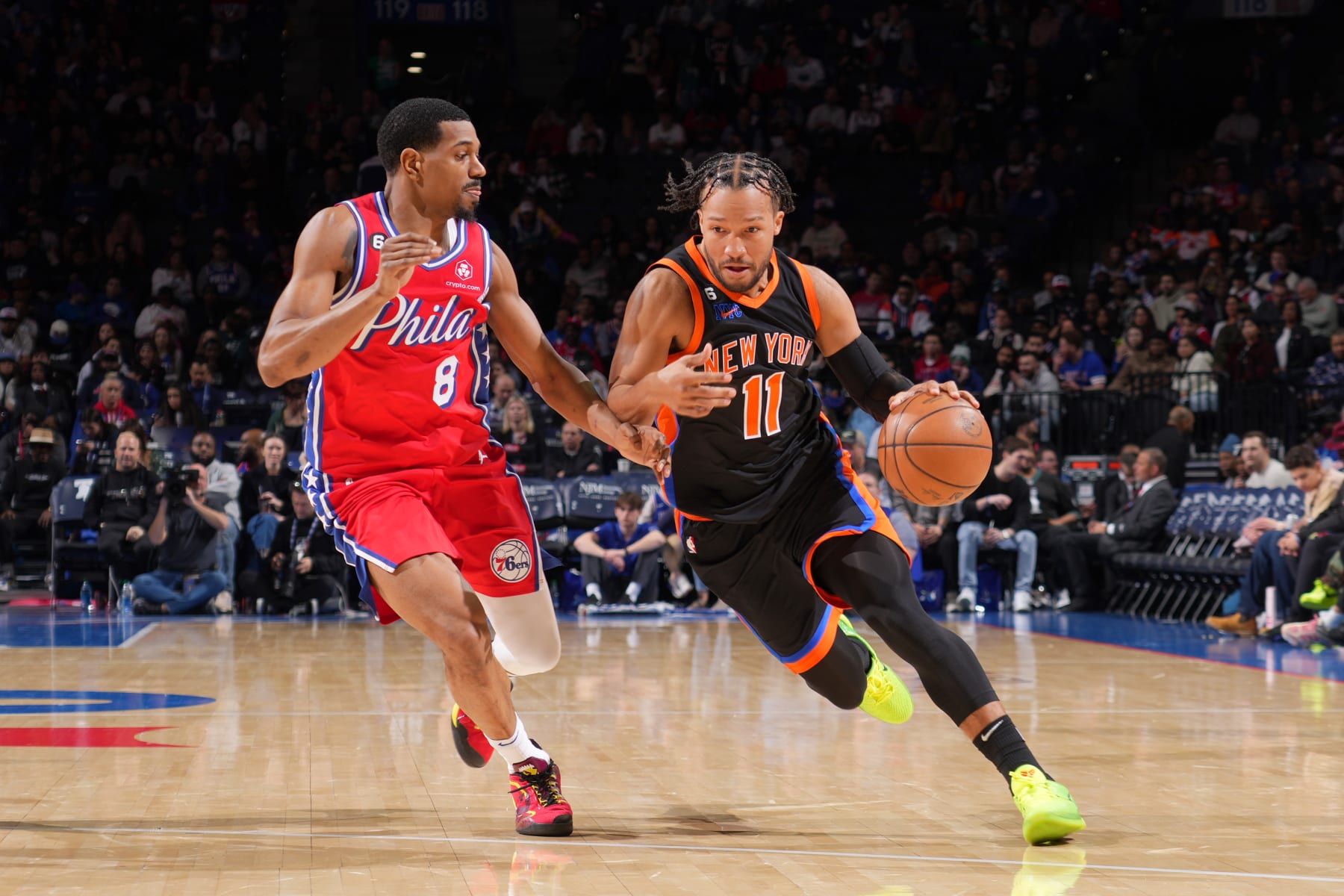 PHILADELPHIA, PA - FEBRUARY 10: Jalen Brunson #11 of the New York Knicks dribbles the ball during the game against the Philadelphia 76ers on February 10, 2023 at the Wells Fargo Center in Philadelphia, Pennsylvania NOTE TO USER: User expressly acknowledges and agrees that, by downloading and/or using this Photograph, user is consenting to the terms and conditions of the Getty Images License Agreement. Mandatory Copyright Notice: Copyright 2023 NBAE (Photo by Jesse D. Garrabrant/NBAE via Getty Images)