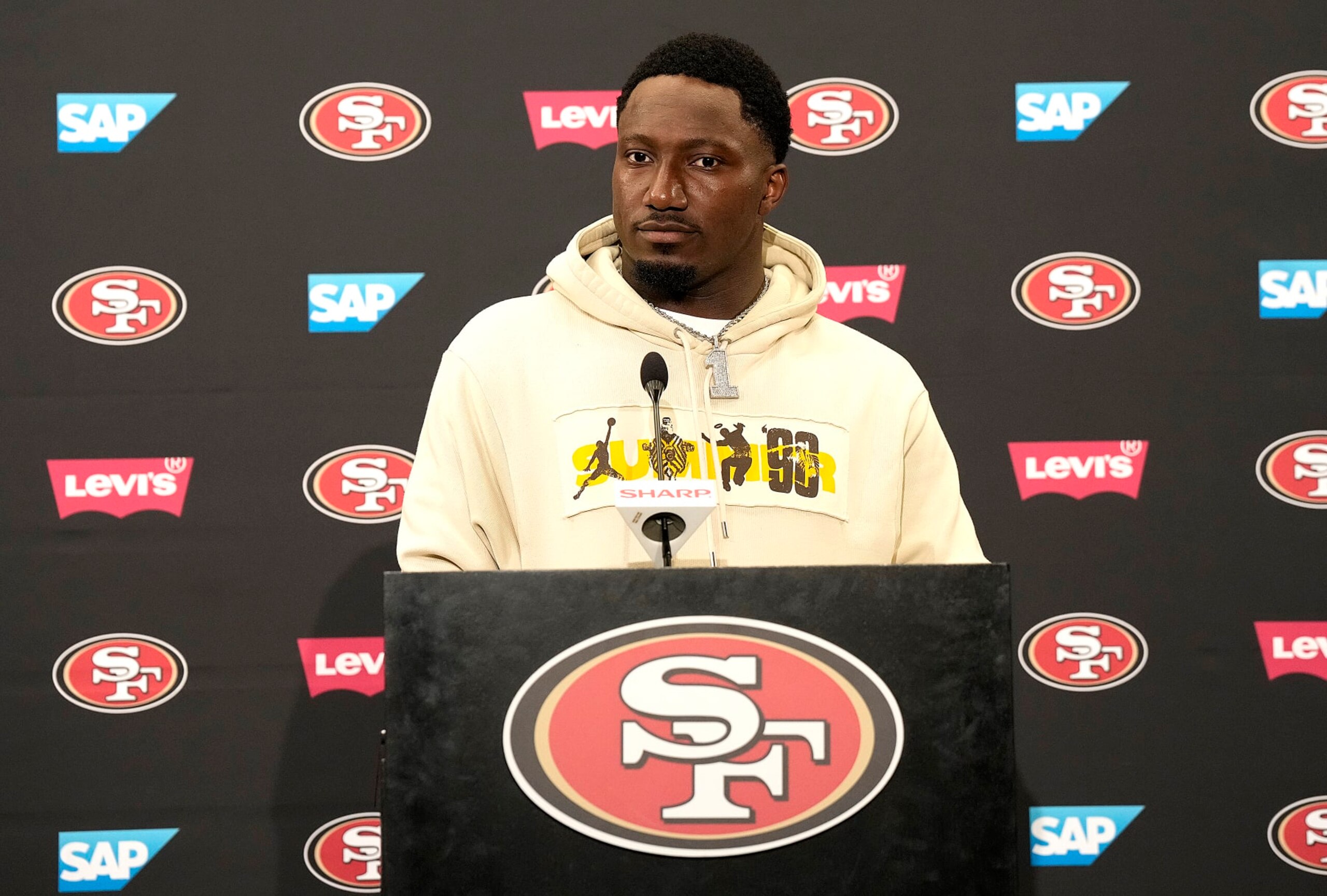 SANTA CLARA, CALIFORNIA - JUNE 04: Deebo Samuel #1 of the San Francisco 49ers speaks to the media during a press conference after a mini camp workout on June 04, 2024 in Santa Clara, California. (Photo by Thearon W. Henderson/Getty Images)