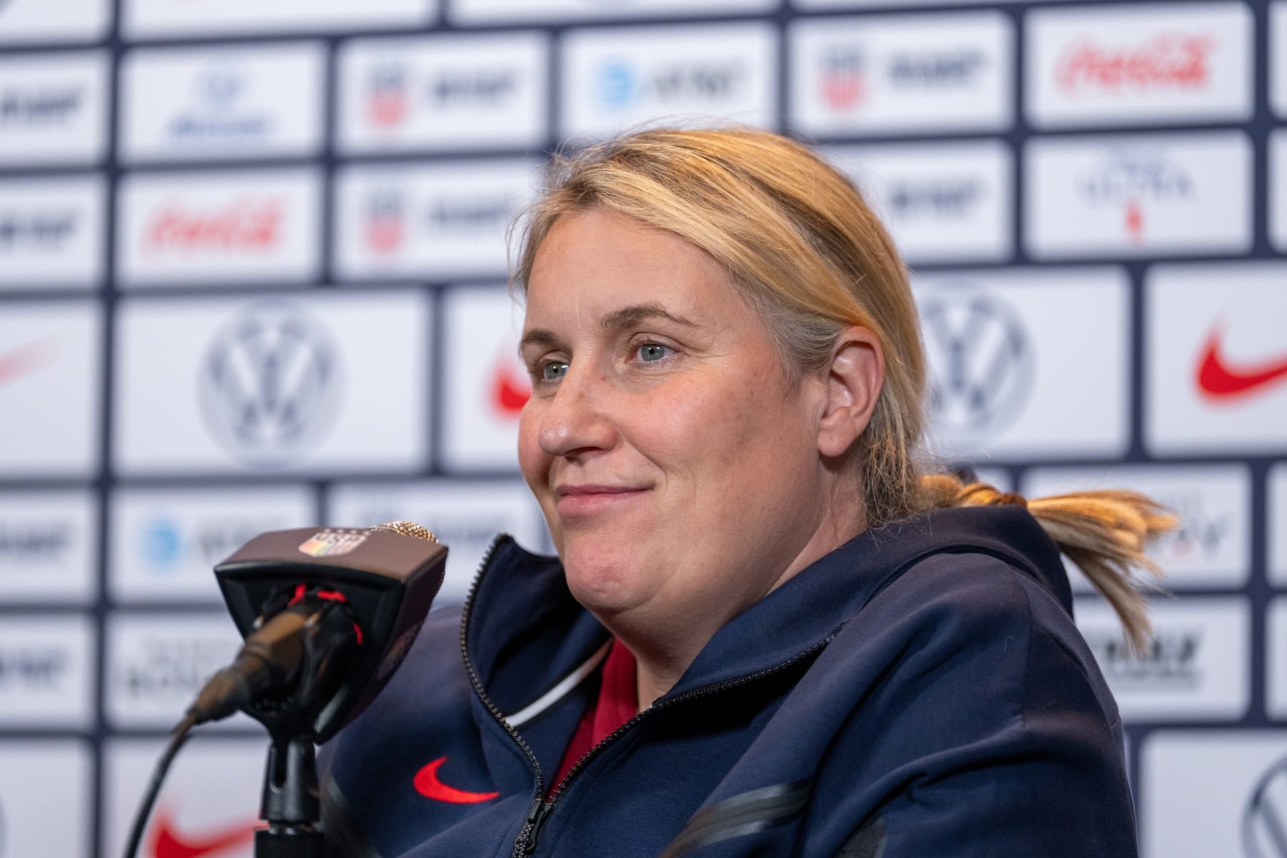 SAINT PAUL, MN - JUNE 3: Emma Hayes of the United States talks to the media before USWNT training at Allianz Field on June 3, 2024 in Saint Paul, Minnesota. (Photo by Brad Smith/ISI Photos/USSF/Getty Images for USSF) SAINT PAUL, MN - JUNE 3: Emma Hayes of the United States talks to the media before USWNT training at Allianz Field on June 3, 2024 in Saint Paul, Minnesota. (Photo by Brad Smith/ISI Photos/USSF/Getty Images for USSF)