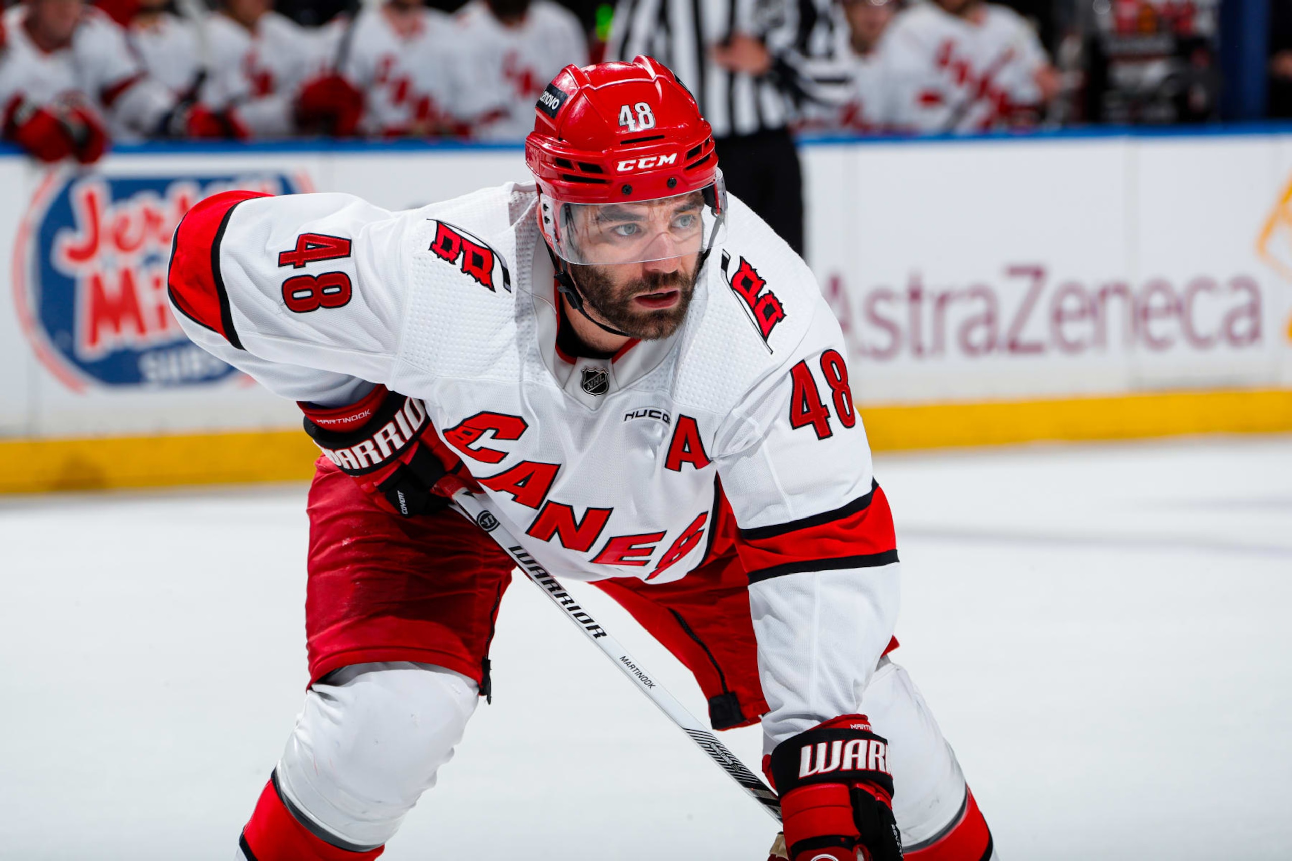 NEW YORK, NEW YORK - MAY 13: Jordan Martinook #48 of the Carolina Hurricanes looks towards the puck during a face-off during the second period in Game Five of the Second Round of the 2024 Stanley Cup Playoffs at Madison Square Garden on May 13, 2024 in New York City. (Photo by Jared Silber/NHLI via Getty Images)