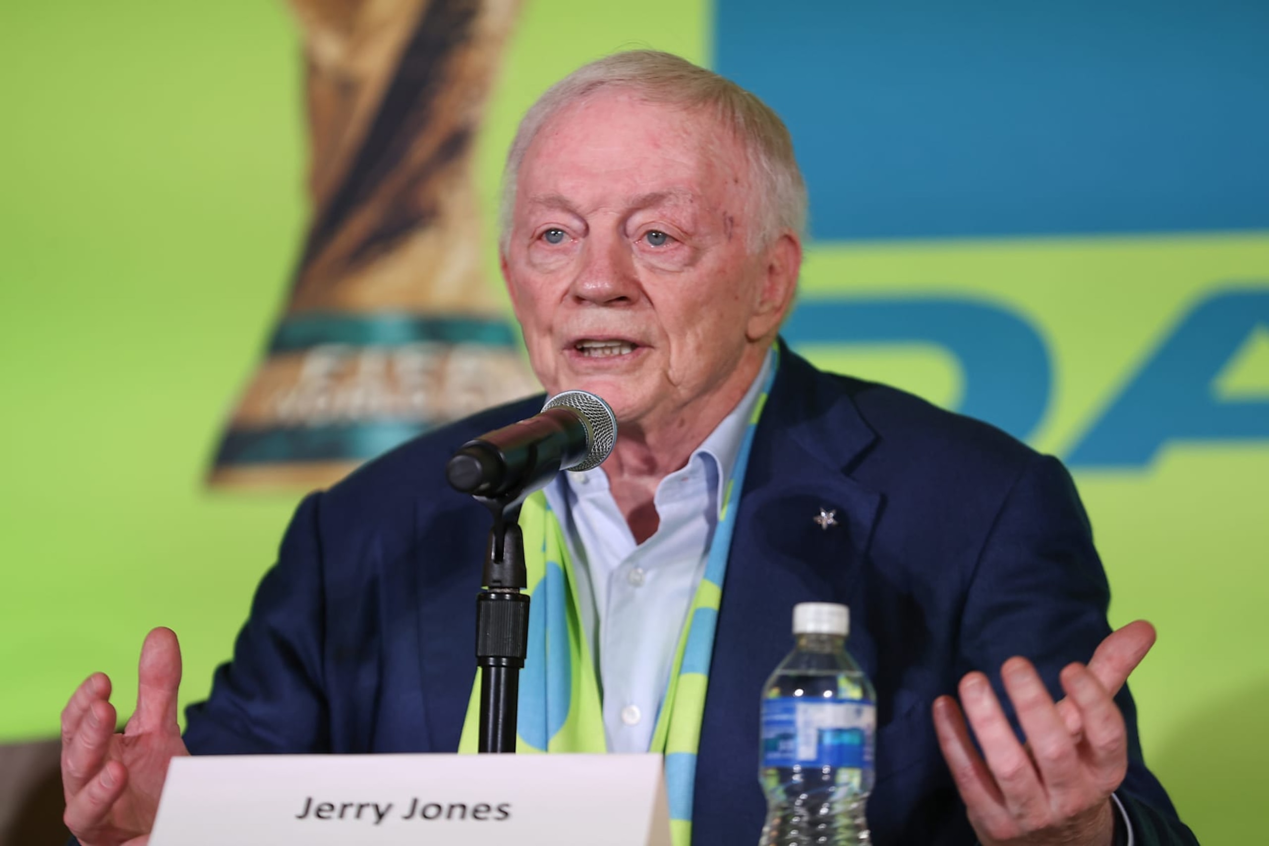 ARLINGTON, TEXAS - FEBRUARY 4: Owner and general manager of the Dallas Cowboys Jerry Jones speaks during the FIFA World Cup 2026 Match Schedule Announcement at AT&T Stadium on February 4, 2024 in Arlington, Texas. (Photo by Omar Vega/Getty Images) ARLINGTON, TEXAS - FEBRUARY 4: Owner and general manager of the Dallas Cowboys Jerry Jones speaks during the FIFA World Cup 2026 Match Schedule Announcement at AT&T Stadium on February 4, 2024 in Arlington, Texas. (Photo by Omar Vega/Getty Images)