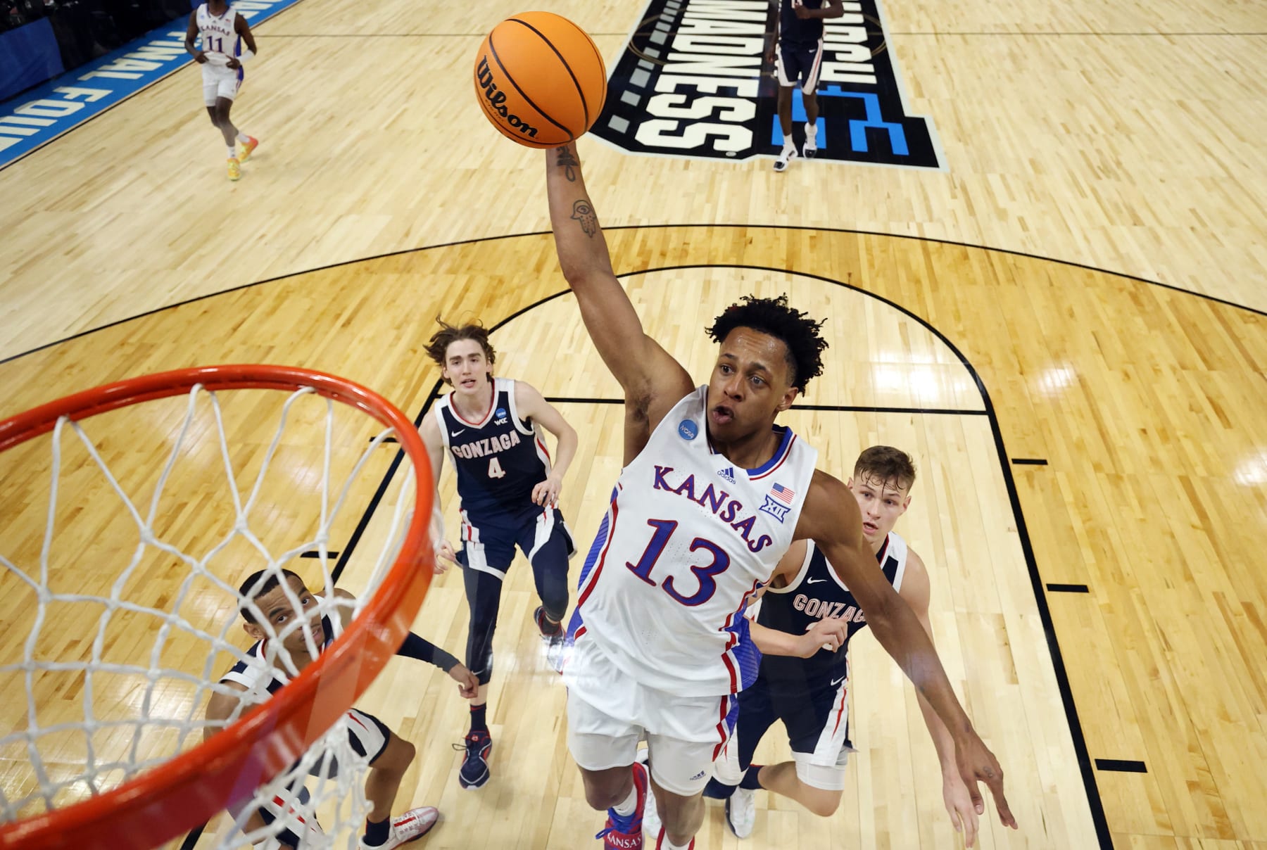 SALT LAKE CITY, UTAH - MARCH 23: Elmarko Jackson #13 of the Kansas Jayhawks dunks the ball during the second half against the Gonzaga Bulldogs in the second round of the NCAA Men's Basketball Tournament at Delta Center on March 23, 2024 in Salt Lake City, Utah. (Photo by Christian Petersen/Getty Images)