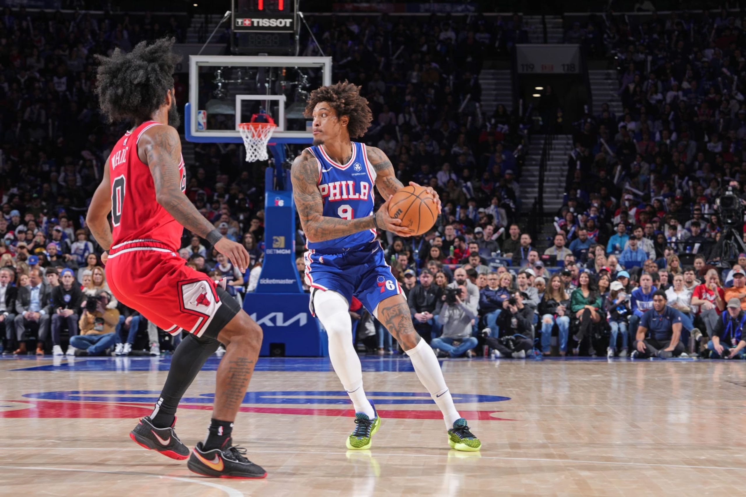 PHILADELPHIA, PA - JANUARY 2: Kelly Oubre Jr. #9 of the Philadelphia 76ers looks to pass the ball during the game against the Chicago Bulls on January 2, 2024 at the Wells Fargo Center in Philadelphia, Pennsylvania NOTE TO USER: User expressly acknowledges and agrees that, by downloading and/or using this Photograph, user is consenting to the terms and conditions of the Getty Images License Agreement. Mandatory Copyright Notice: Copyright 2023 NBAE (Photo by Jesse D. Garrabrant/NBAE via Getty Images)