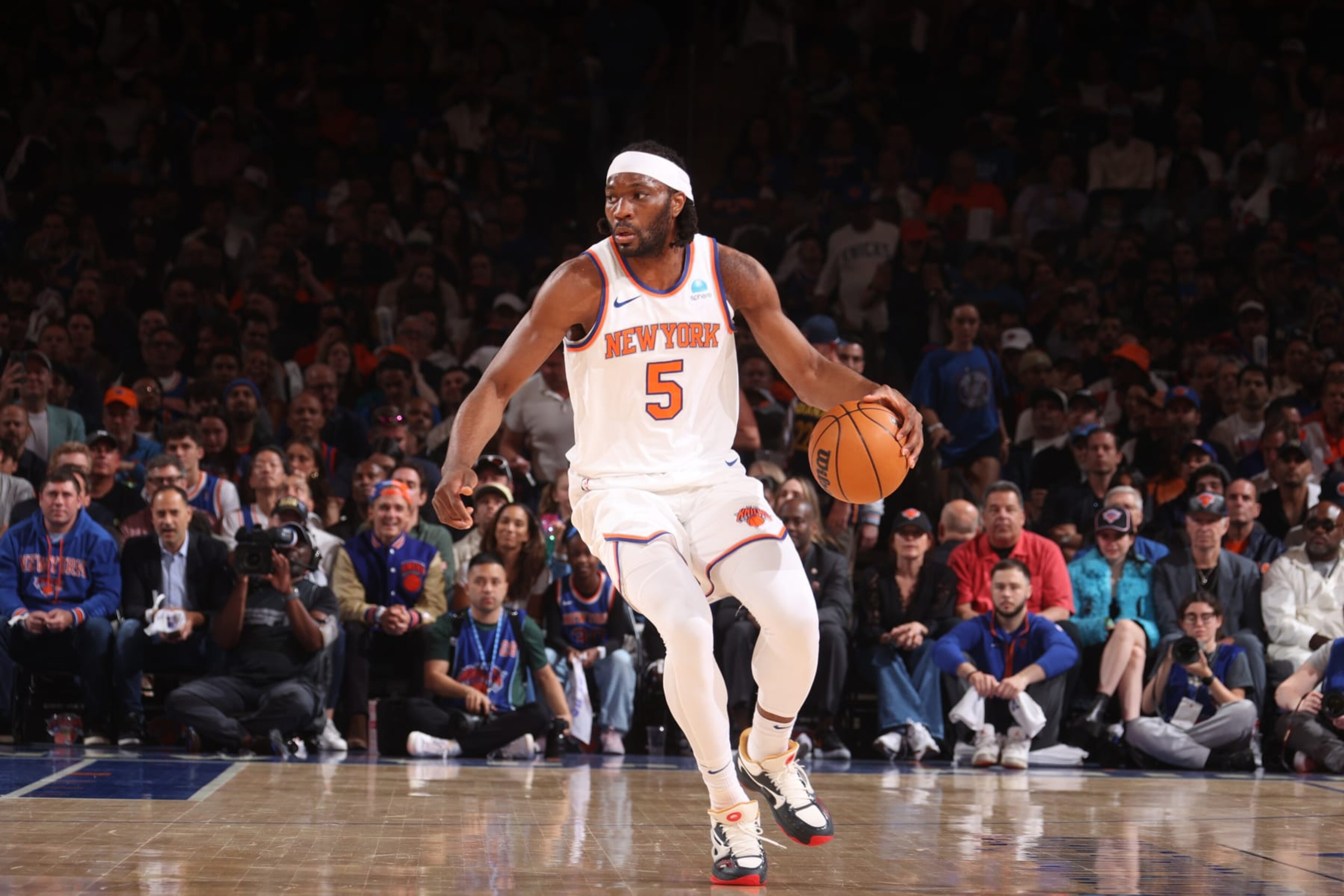 NEW YORK, NY - MAY 19: Precious Achiuwa #5 of the New York Knicks dribbles the ball during the game against the Indiana Pacers during Round 2 Game 7 of the 2024 NBA Playoffs on May 19, 2024 at Madison Square Garden in New York City, New York.  NOTE TO USER: User expressly acknowledges and agrees that, by downloading and or using this photograph, User is consenting to the terms and conditions of the Getty Images License Agreement. Mandatory Copyright Notice: Copyright 2024 NBAE  (Photo by Nathaniel S. Butler/NBAE via Getty Images)
