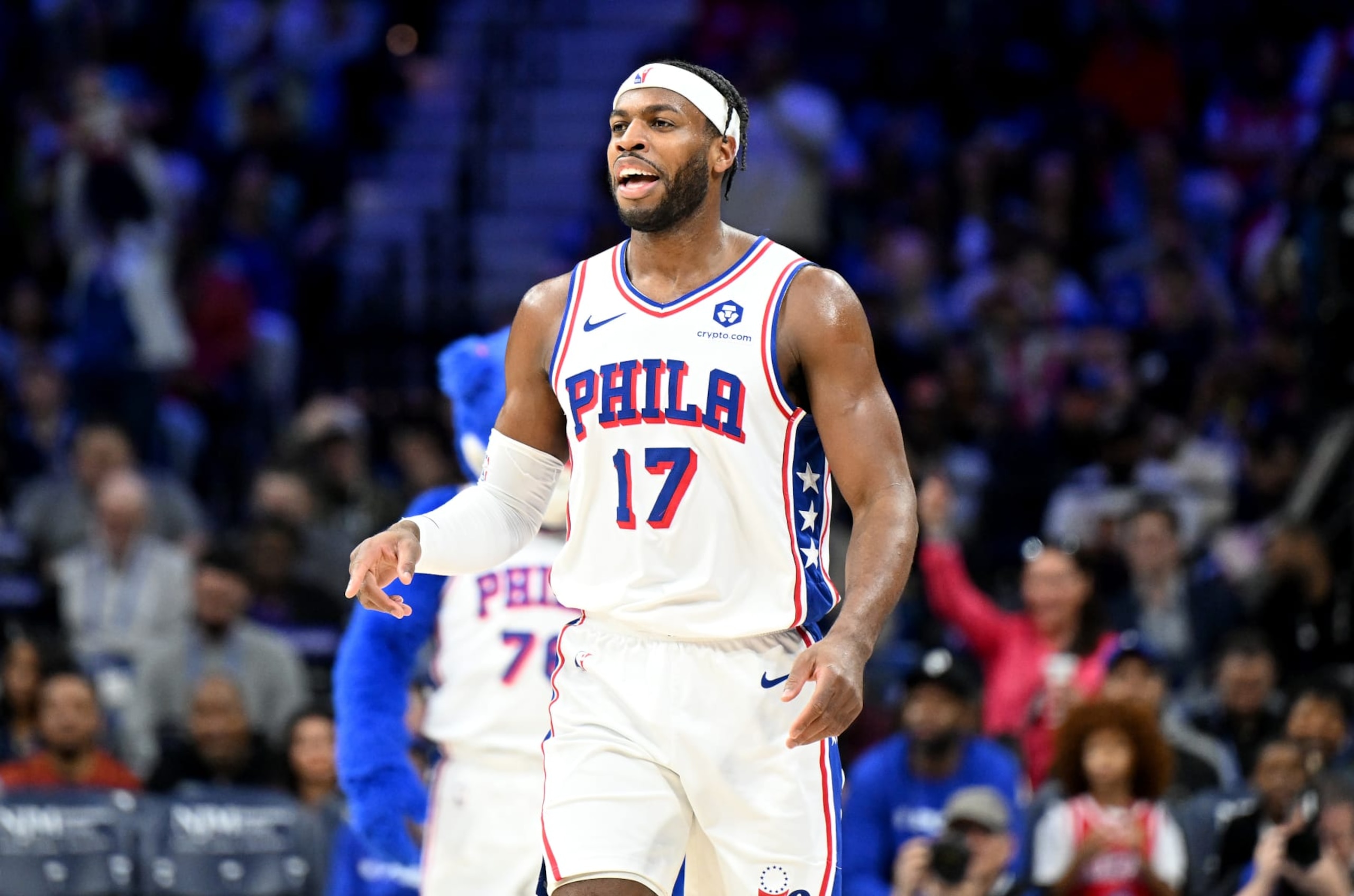 PHILADELPHIA, PENNSYLVANIA - APRIL 14: Buddy Hield #17 of the Philadelphia 76ers celebrates during the game against the Brooklyn Nets at the Wells Fargo Center on April 14, 2024 in Philadelphia, Pennsylvania.  NOTE TO USER: User expressly acknowledges and agrees that, by downloading and or using this photograph, User is consenting to the terms and conditions of the Getty Images License Agreement. (Photo by G Fiume/Getty Images)