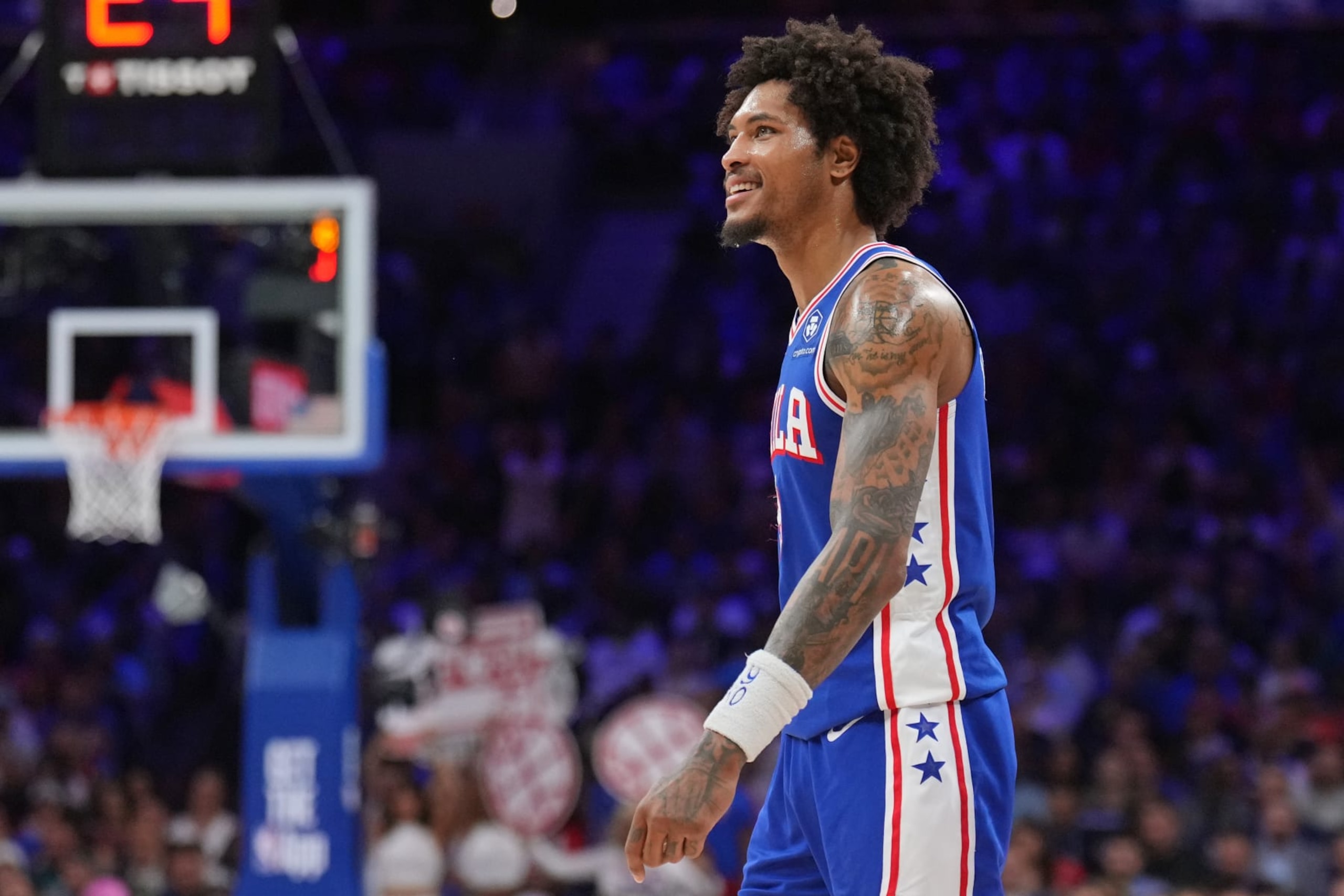 PHILADELPHIA, PA - MAY 2: Kelly Oubre Jr. #9 of the Philadelphia 76ers looks on during the game against the New York Knicks during Round 1 Game 6 of the 2024 NBA Playoffs on May 2, 2024 at the Wells Fargo Center in Philadelphia, Pennsylvania NOTE TO USER: User expressly acknowledges and agrees that, by downloading and/or using this Photograph, user is consenting to the terms and conditions of the Getty Images License Agreement. Mandatory Copyright Notice: Copyright 2024 NBAE (Photo by Jesse D. Garrabrant/NBAE via Getty Images)