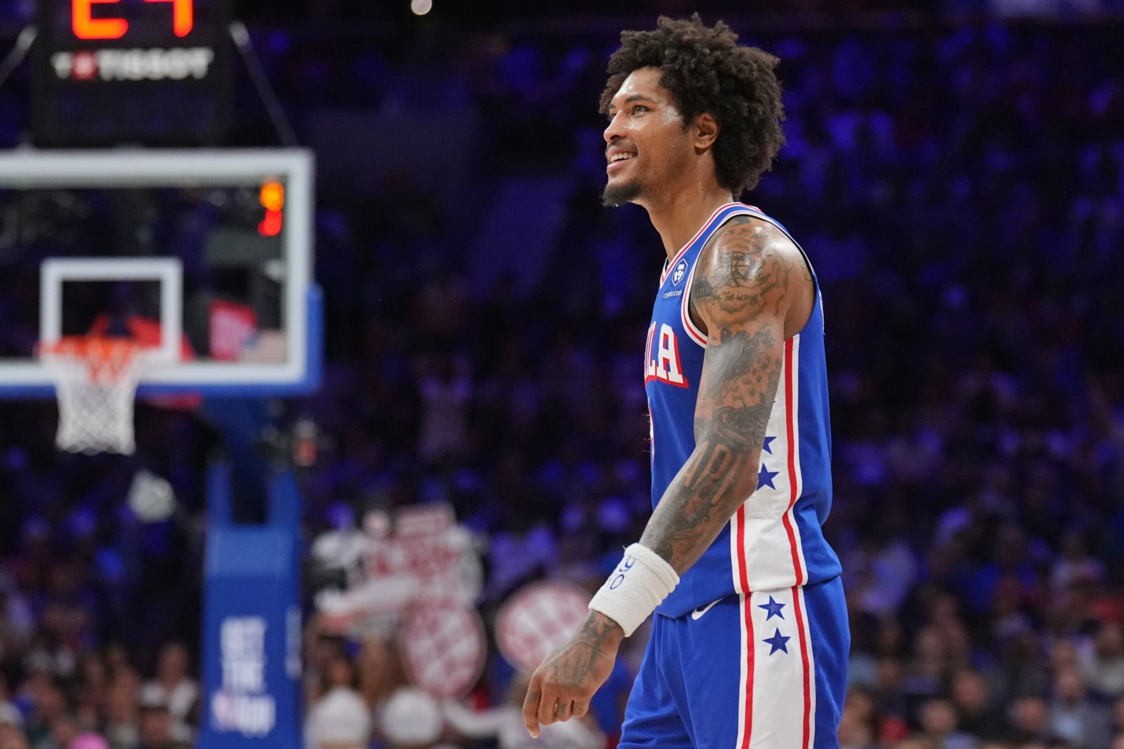 PHILADELPHIA, PA - MAY 2: Kelly Oubre Jr. #9 of the Philadelphia 76ers looks on during the game against the New York Knicks during Round 1 Game 6 of the 2024 NBA Playoffs on May 2, 2024 at the Wells Fargo Center in Philadelphia, Pennsylvania NOTE TO USER: User expressly acknowledges and agrees that, by downloading and/or using this Photograph, user is consenting to the terms and conditions of the Getty Images License Agreement. Mandatory Copyright Notice: Copyright 2024 NBAE (Photo by Jesse D. Garrabrant/NBAE via Getty Images)