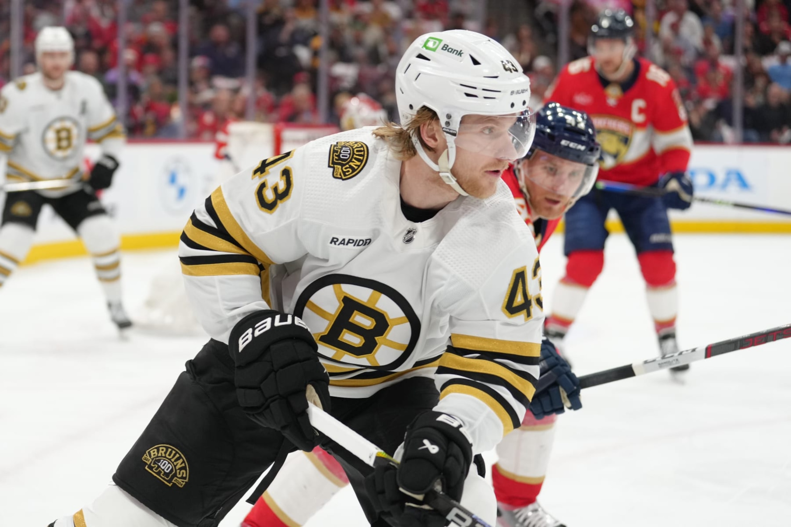 SUNRISE, FL - MAY 14: Boston Bruins center Danton Heinen (43) looks for a passing outlet in the first period during game five of the Eastern Conference round 2 playoffs between the Boston Bruins and the Florida Panthers on Tuesday, May 14, 2024 at Amerant Bank Arena in Sunrise, Fla. (Photo by Peter Joneleit/Icon Sportswire via Getty Images)