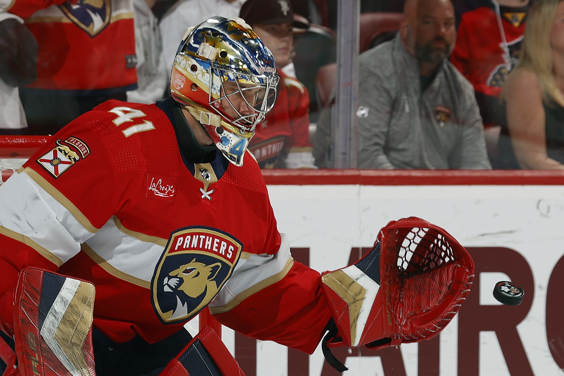 SUNRISE, FLORIDA - APRIL 16: Goaltender Anthony Stolarz #41 of the Florida Panthers in net during warm ups prior to their game against the Toronto Maple Leafs at the Amerant Bank Arena on April 16, 2024 in Sunrise, Florida. (Photo by Eliot J. Schechter/NHLI via Getty Images)