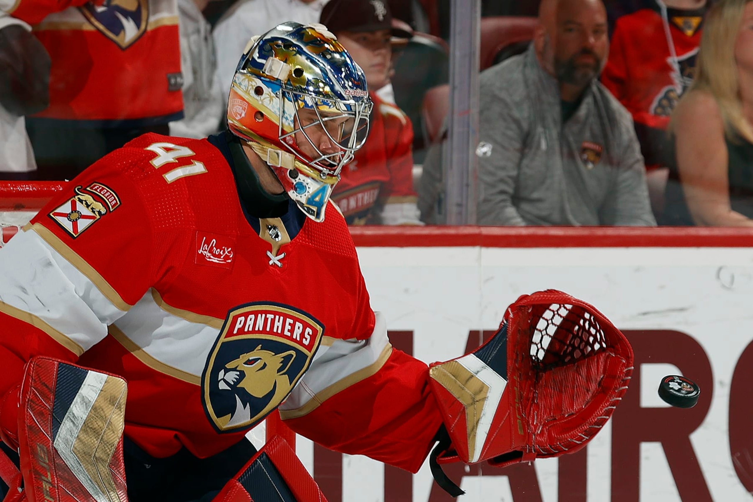 SUNRISE, FLORIDA - APRIL 16: Goaltender Anthony Stolarz #41 of the Florida Panthers in net during warm ups prior to their game against the Toronto Maple Leafs at the Amerant Bank Arena on April 16, 2024 in Sunrise, Florida. (Photo by Eliot J. Schechter/NHLI via Getty Images)