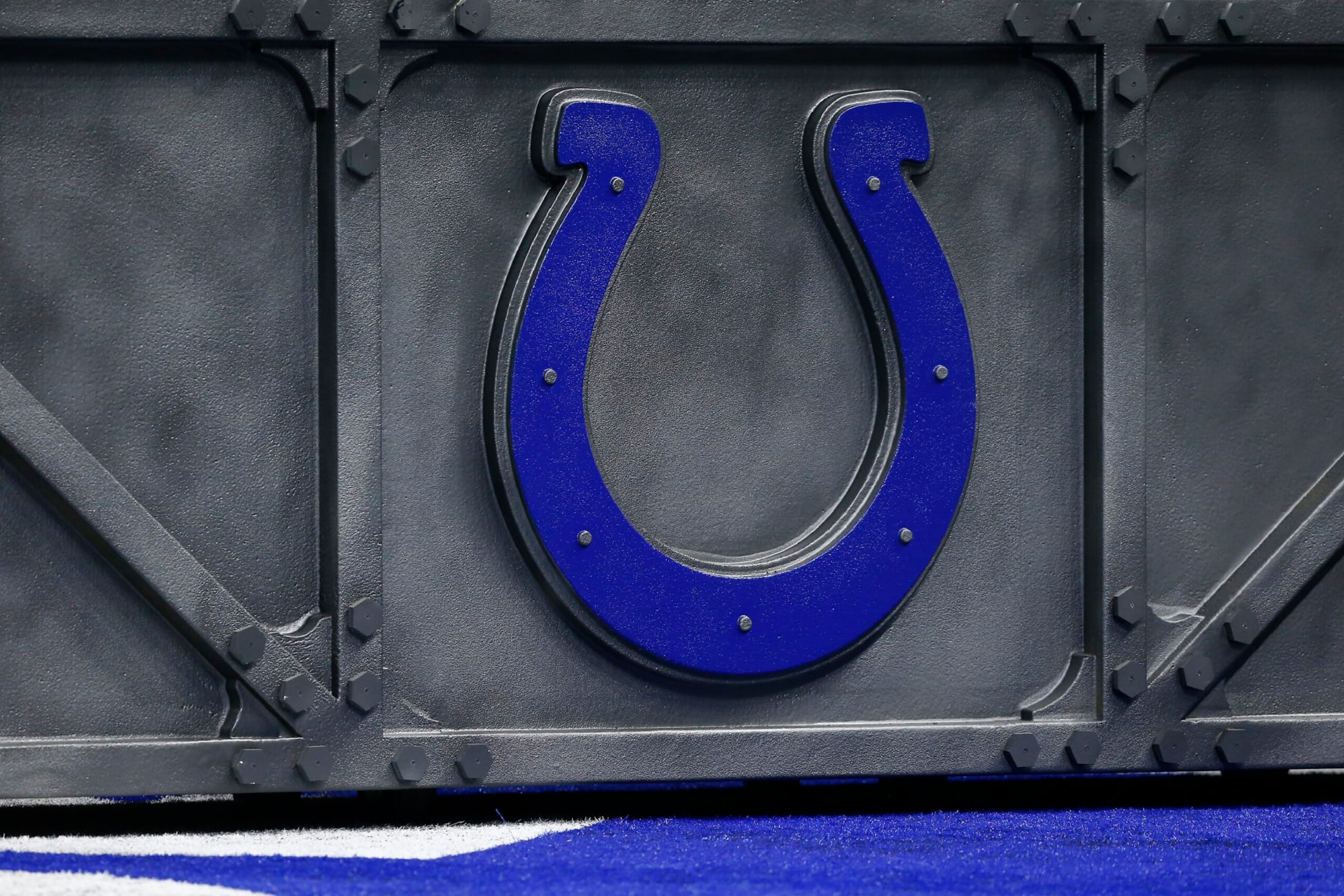 INDIANAPOLIS, IN - OCTOBER 30: A Indianapolis Colts Logo on display prior to an NFL game between the Washington Commanders and the Indianapolis Colts on October 30, 2022 at Lucas Oil Stadium in Indianapolis, IN.  (Photo by Jeffrey Brown/Icon Sportswire via Getty Images)