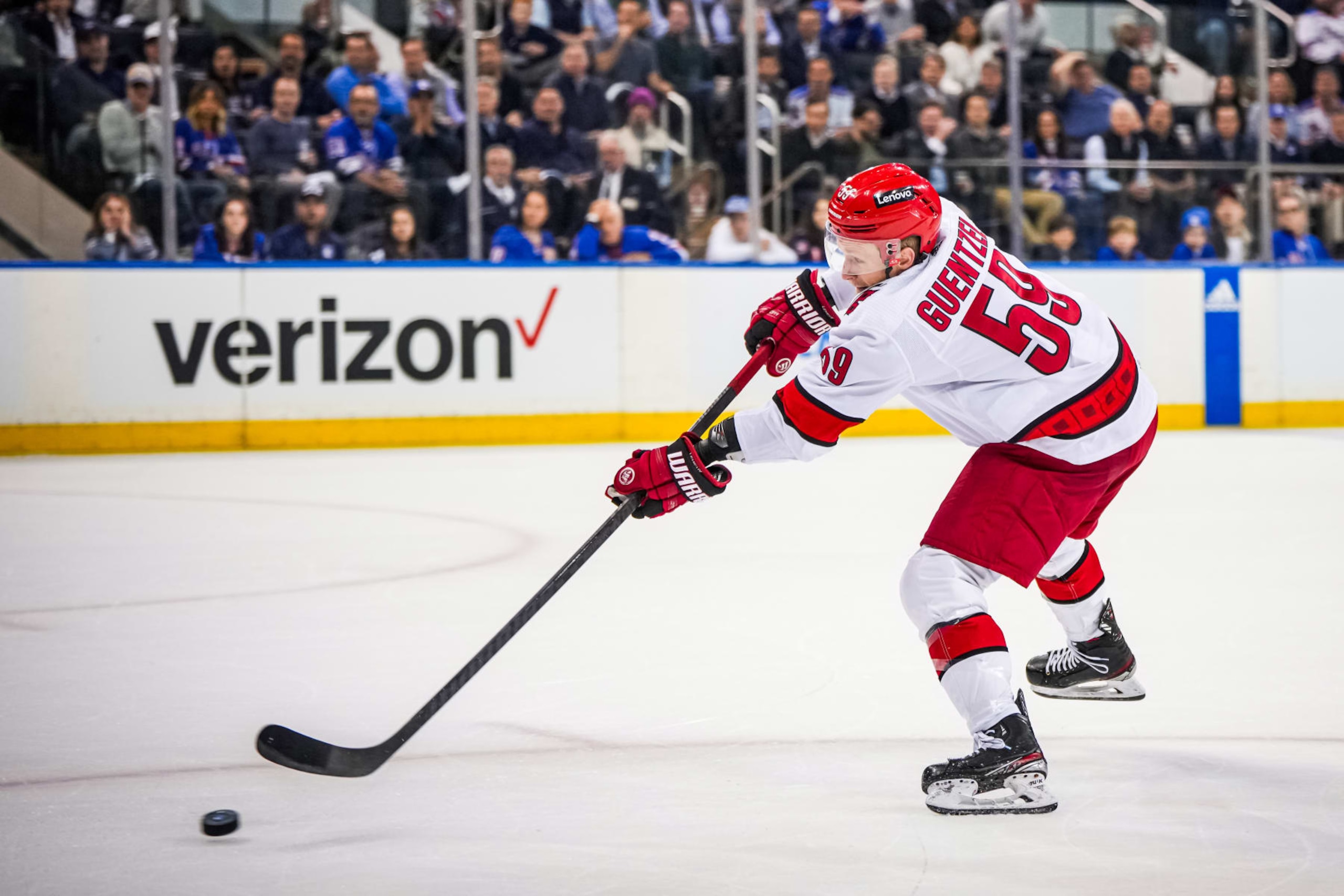 NEW YORK, NEW YORK- MAY 13: Jake Guentzel #59 of the Carolina Hurricanes shoots the puck during the first period against the New York Rangers in Game Five of the Second Round of the 2024 Stanley Cup Playoffs at Madison Square Garden on May 13, 2024 in New York City. (Photo by Josh Lavallee/NHLI via Getty Images) NEW YORK, NEW YORK- MAY 13: Jake Guentzel #59 of the Carolina Hurricanes shoots the puck during the first period against the New York Rangers in Game Five of the Second Round of the 2024 Stanley Cup Playoffs at Madison Square Garden on May 13, 2024 in New York City. (Photo by Josh Lavallee/NHLI via Getty Images)