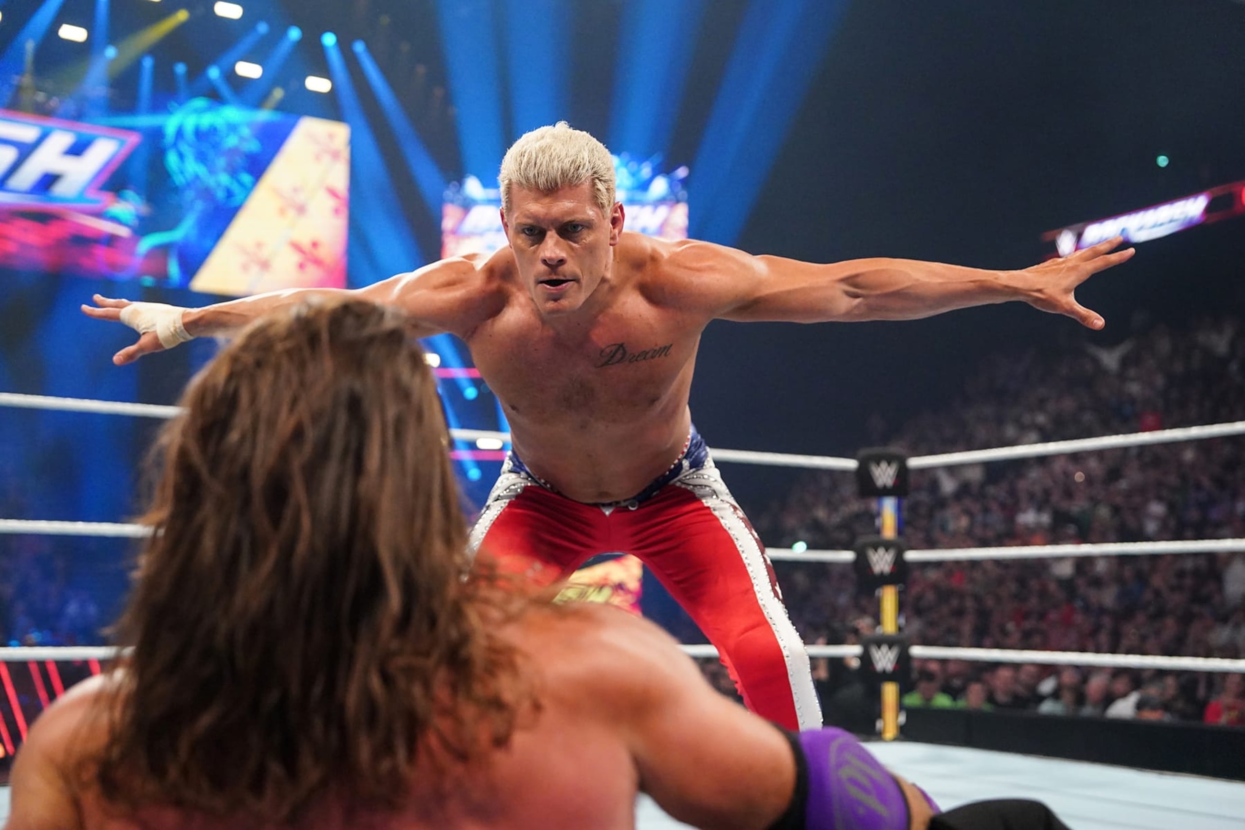 LYON, FRANCE - MAY 04: Cody Rhodes and AJ Styles face-off during Backlash France at LDLC Arena on May 4, 2024 in Lyon, France. (Photo by WWE/Getty Images)