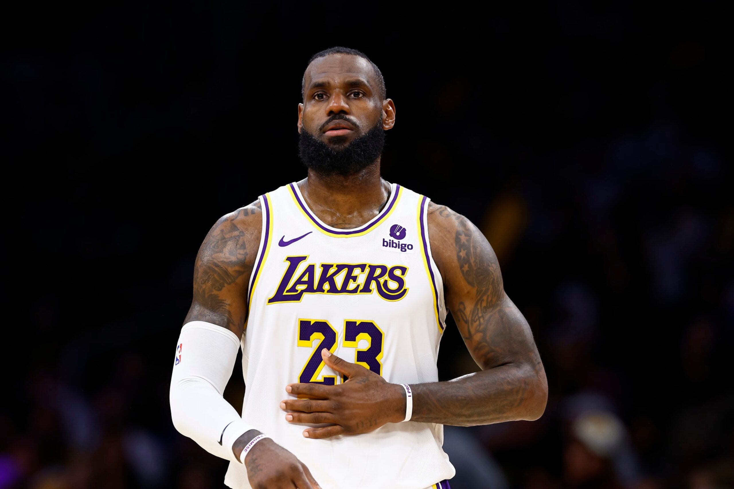 LOS ANGELES, CALIFORNIA - APRIL 27:  LeBron James #23 of the Los Angeles Lakers during game four of the Western Conference First Round Playoffs at Crypto.com Arena on April 27, 2024 in Los Angeles, California.  NOTE TO USER: User expressly acknowledges and agrees that, by downloading and/or using this photograph, user is consenting to the terms and conditions of the Getty Images License Agreement.  (Photo by Ronald Martinez/Getty Images)