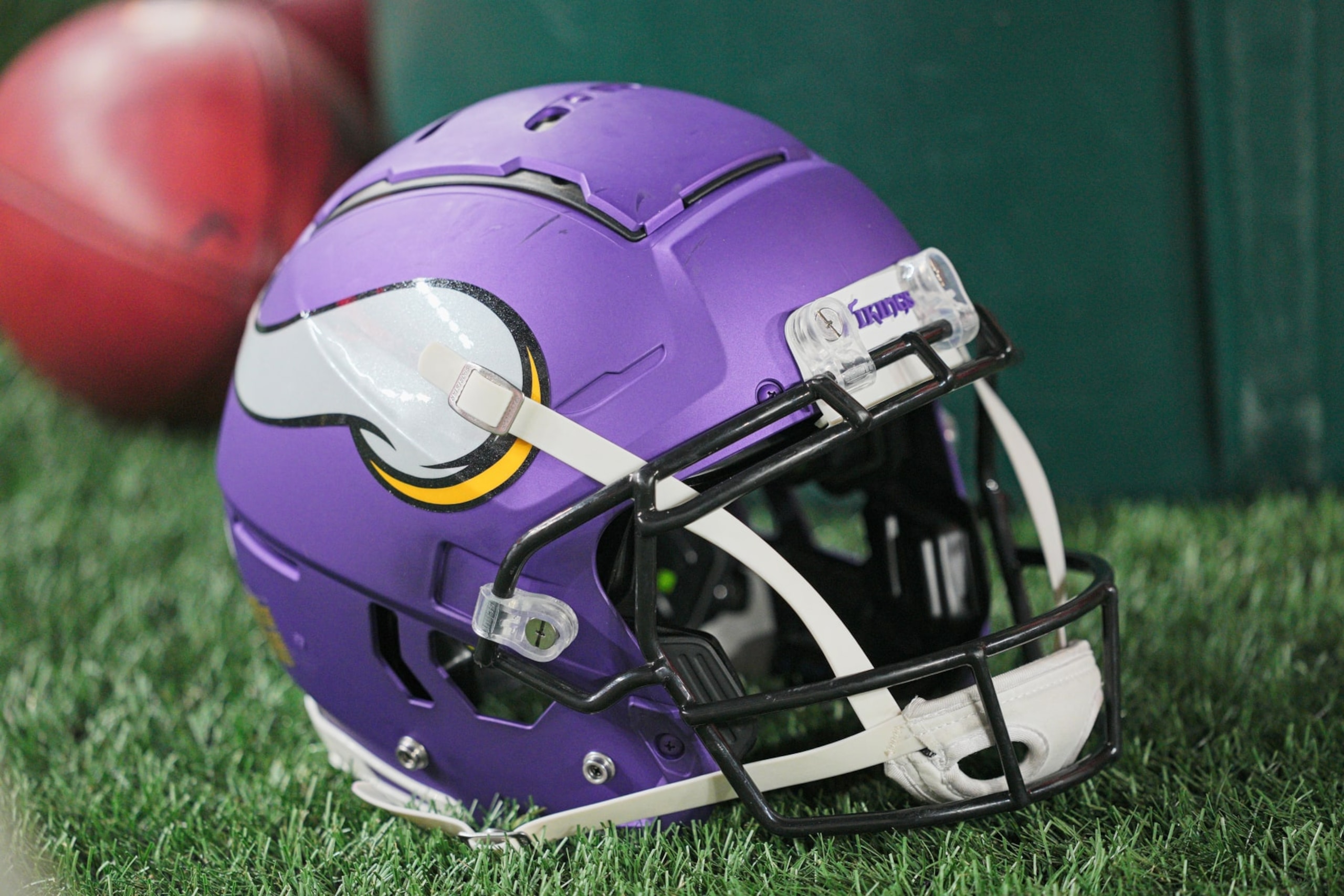 PHILADELPHIA, PA - SEPTEMBER 14: Minnesota Vikings helmet sits on the field during the game between the Minnesota Vikings and the Philadelphia Eagles on September 14, 2023, at Lincoln Financial Field, in Philadelphia, PA. (Photo by Andy Lewis/Icon Sportswire via Getty Images)