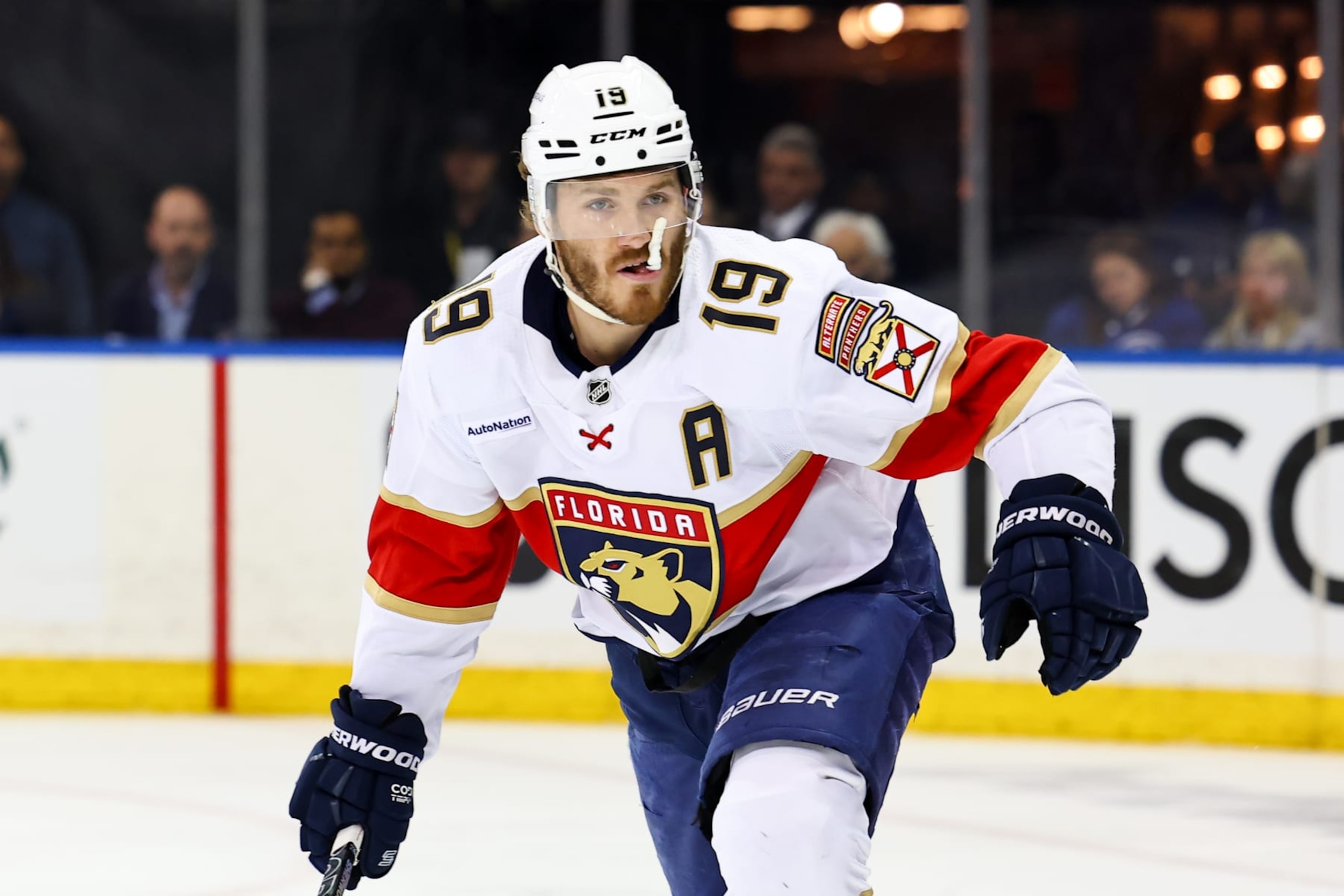NEW YORK, NY - MAY 30: Matthew Tkachuk #19 of the Florida Panthers skates during the first period of the Eastern Conference Final game 5 against the New York Rangers on May 30, 2024 at Madison Square Garden in New York.  (Photo by Rich Graessle/Icon Sportswire via Getty Images)