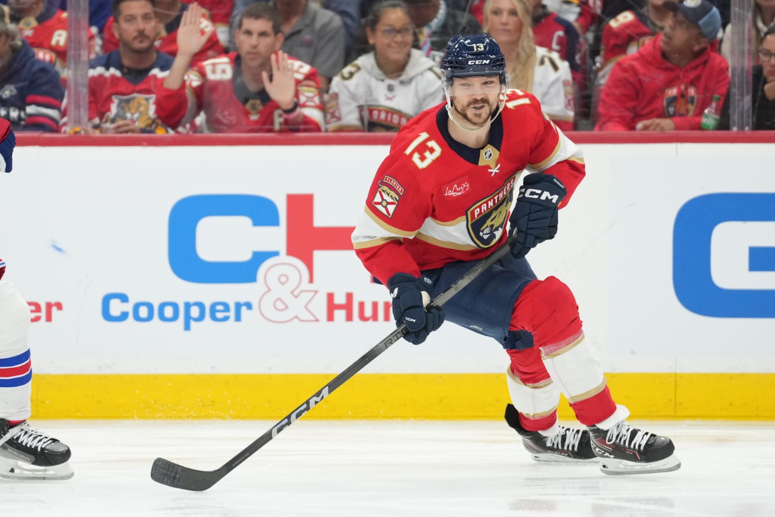 SUNRISE, FL - MAY 28: Florida Panthers center Sam Reinhart (13) reacts to a Panther's turnover in the second period during game four of the Eastern Conference Finals between the New York Rangers and the Florida Panthers on Tuesday, May 28, 2024 at Amerant Bank Arena in Sunrise, Fla. (Photo by Peter Joneleit/Icon Sportswire via Getty Images)