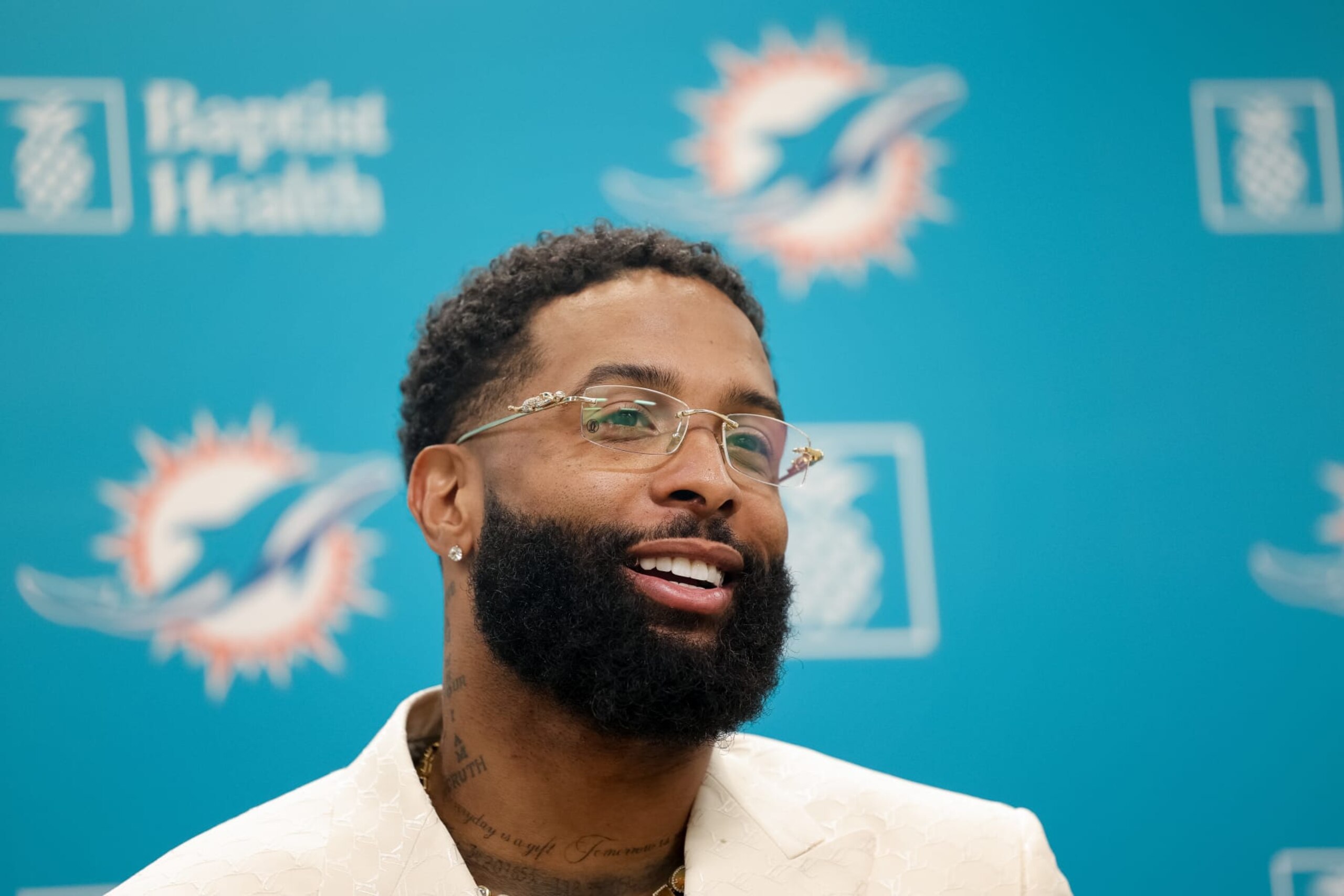 MIAMI GARDENS, FLORIDA - MAY 15: Odell Beckham Jr. speaks during a press conference on May 15, 2024 in Miami Gardens, Florida.  (Photo by Carmen Mandato/Getty Images)