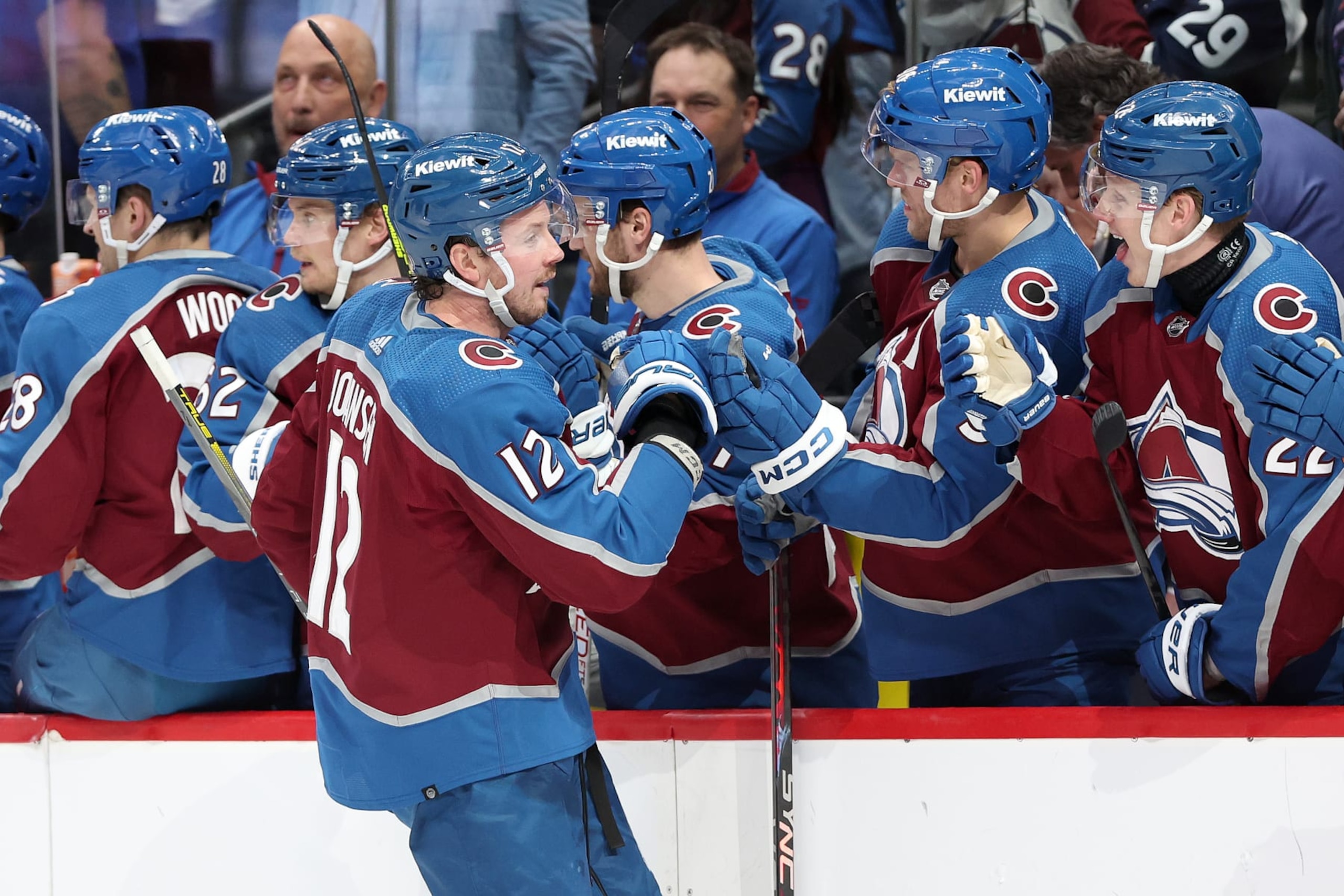 DENVER, COLORADO - FEBRUARY 20: Ryan Johansen #12 of the Colorado Avalanche celebrates with his teammates after scoring against the Vancouver Canucks in the third period at Ball Arena on February 20, 2024 in Denver, Colorado. (Photo by Matthew Stockman/Getty Images)