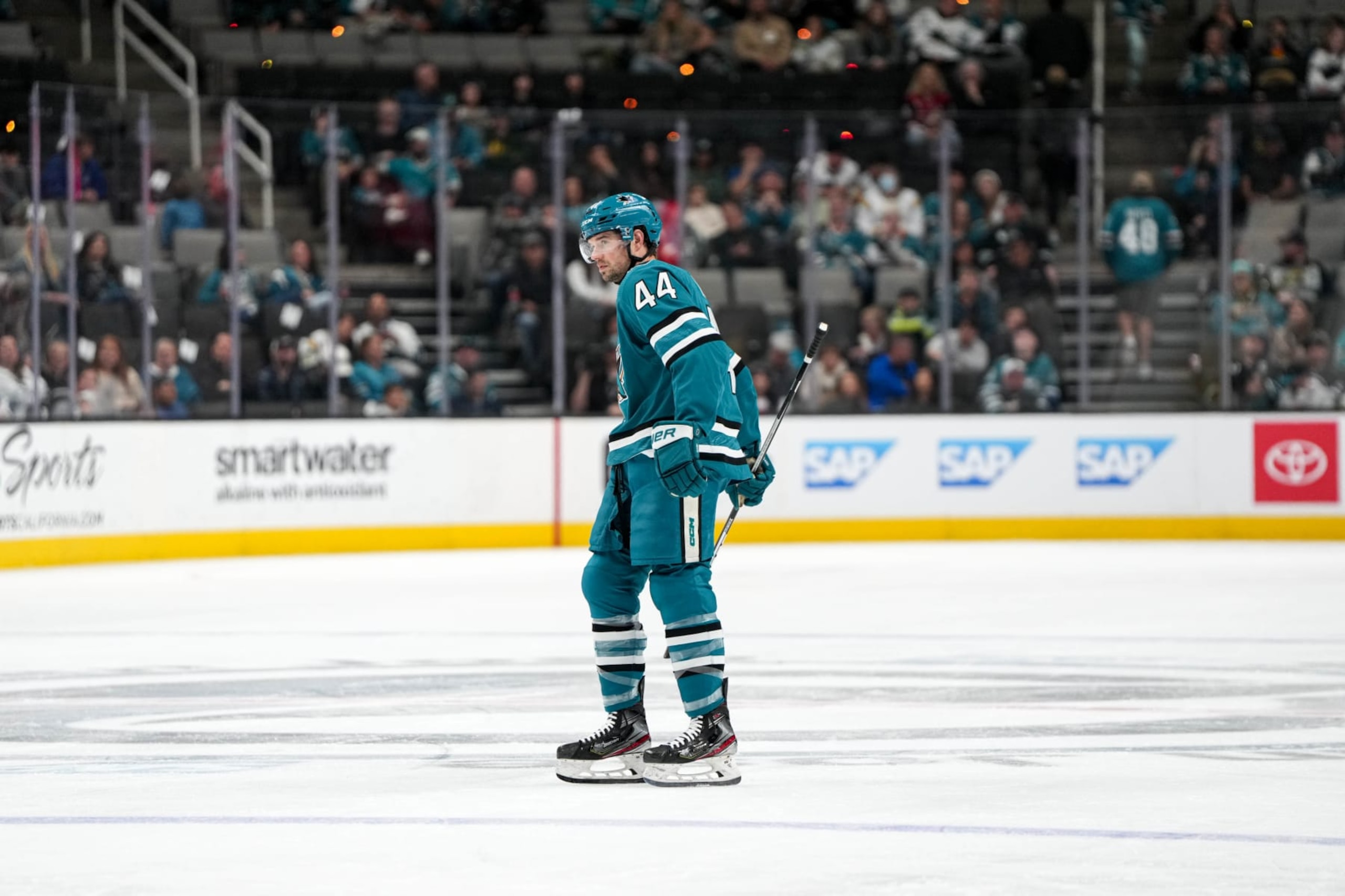 SAN JOSE, CALIFORNIA - APRIL 7: Marc-Edouard Vlasic #44 of the San Jose Sharks skating during the first period against the Arizona Coyotes at SAP Center on April 7, 2024 in San Jose, California. (Photo by Andreea Cardani/NHLI via Getty Images)