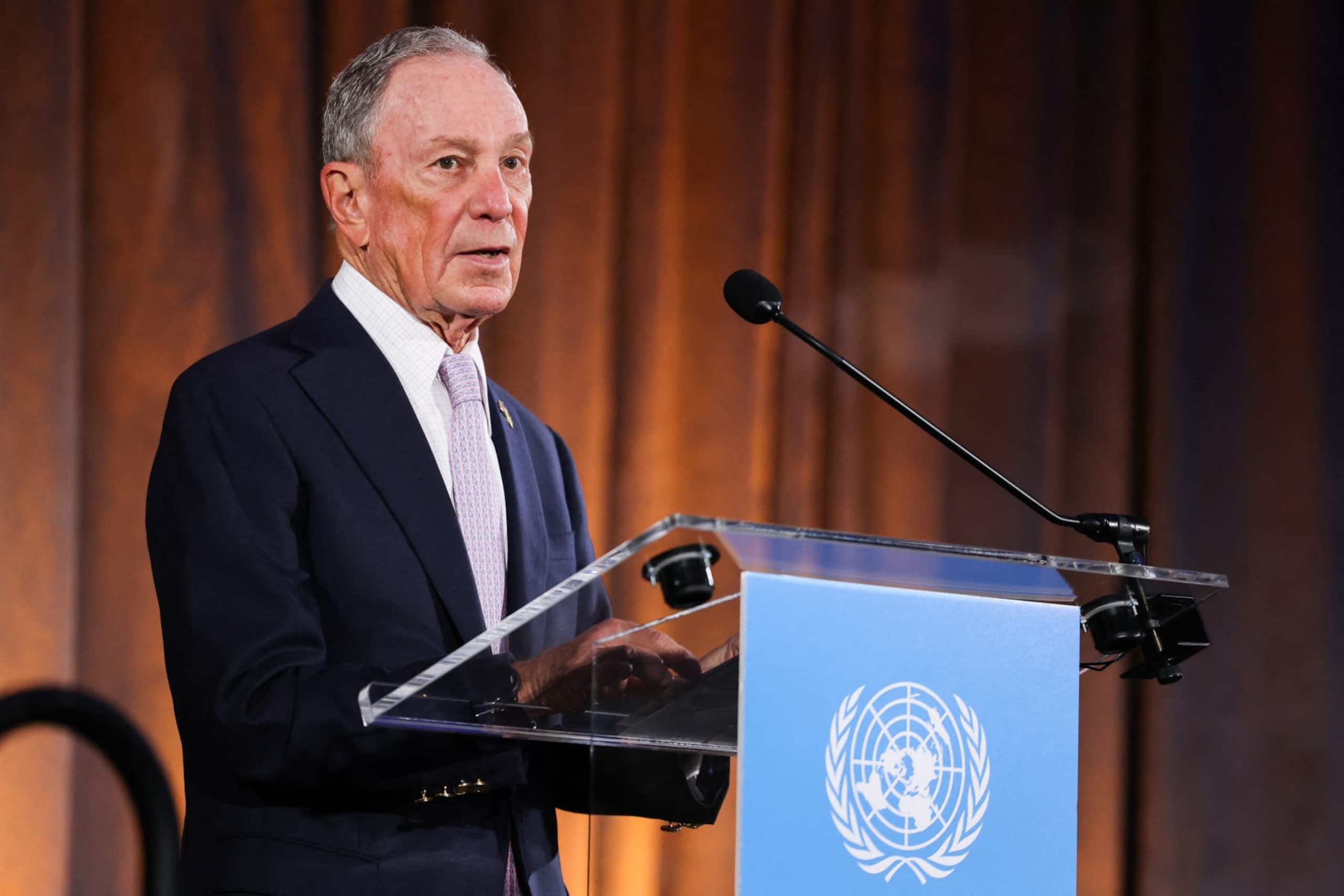 UN Special Envoy on Climate Ambition and Solutions and former New York City Mayor Michael Bloomberg speaks on climate action at the American Museum of Natural History in New York on World Environment Day, June 5, 2024. Humankind's role in the destructive warming of the planet is comparable to the meteor that wiped out the dinosaurs, UN Secretary-General Antonio Guterres said Wednesday, calling for rapid steps including bans on fossil fuel advertising. (Photo by Charly TRIBALLEAU / AFP) (Photo by CHARLY TRIBALLEAU/AFP via Getty Images) UN Special Envoy on Climate Ambition and Solutions and former New York City Mayor Michael Bloomberg speaks on climate action at the American Museum of Natural History in New York on World Environment Day, June 5, 2024. Humankind's role in the destructive warming of the planet is comparable to the meteor that wiped out the dinosaurs, UN Secretary-General Antonio Guterres said Wednesday, calling for rapid steps including bans on fossil fuel advertising. (Photo by Charly TRIBALLEAU / AFP) (Photo by CHARLY TRIBALLEAU/AFP via Getty Images)
