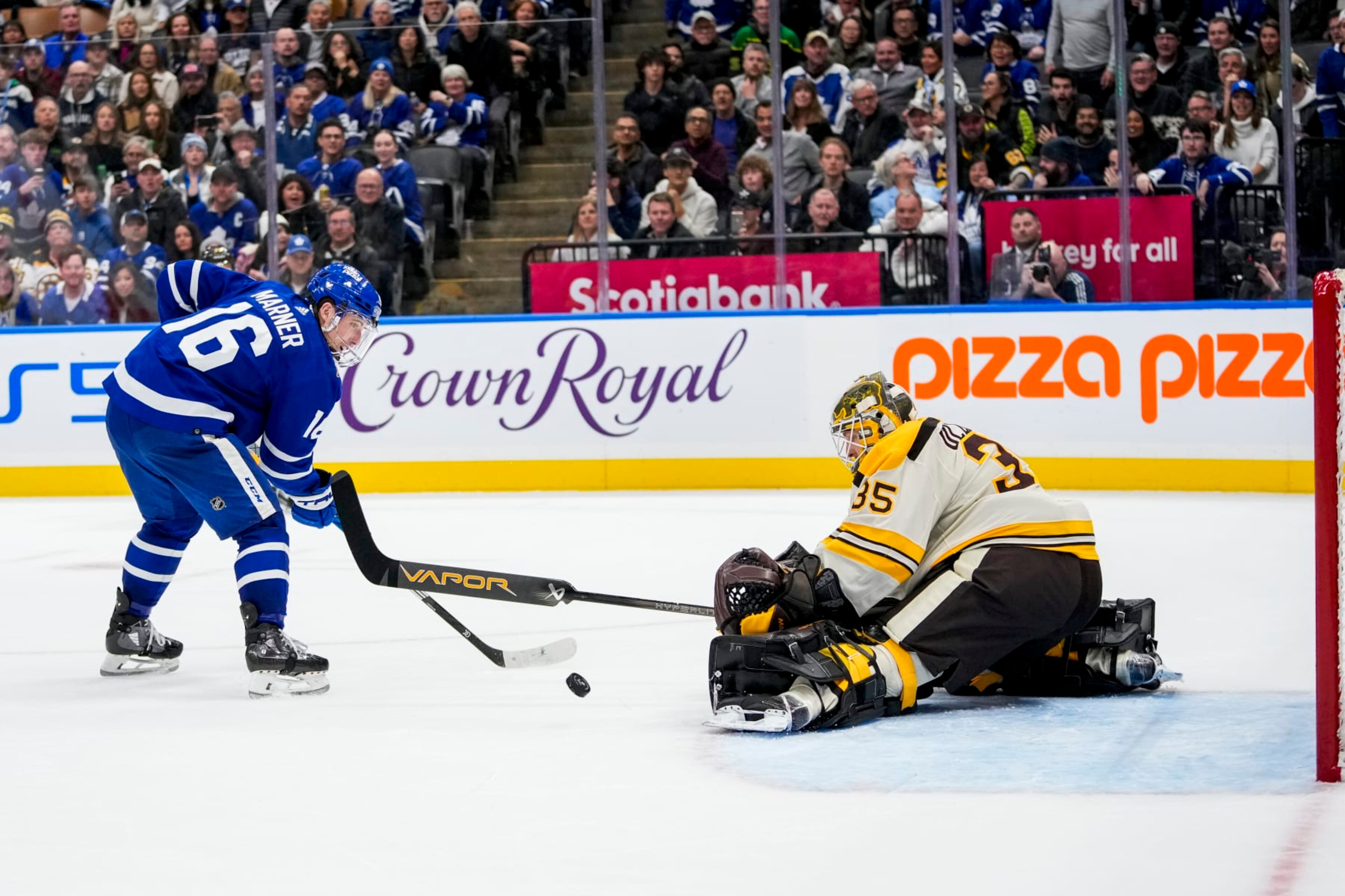 Toronto Maple Leafs winger Mitch Marner and Boston Bruins goalie Linus Ullmark. Toronto Maple Leafs winger Mitch Marner and Boston Bruins goalie Linus Ullmark.