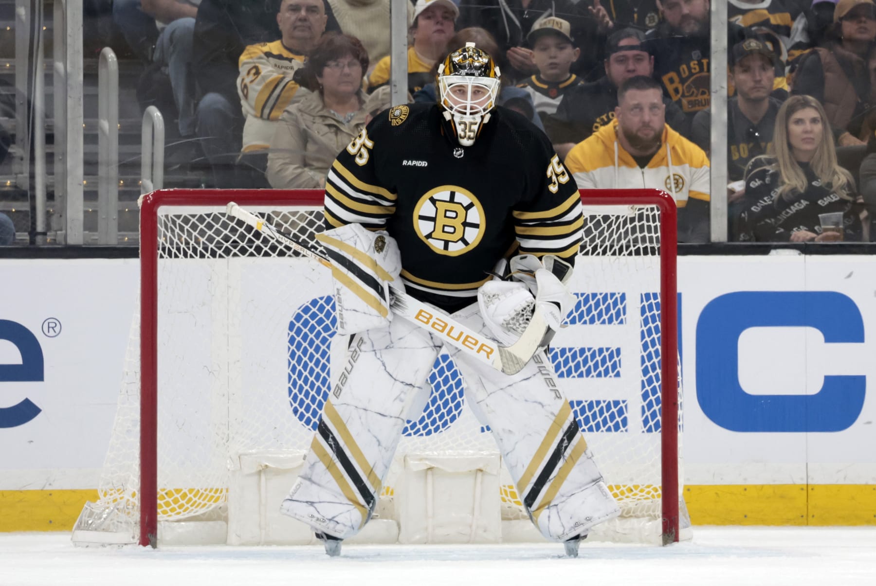BOSTON, MA - APRIL 16: Boston Bruins goalie Linus Ullmark (35) looks on during a game between the Boston Bruins and the Ottawa Senators on April 16, 2024, at TD Garden in Boston, Massachusetts. (Photo by Fred Kfoury III/Icon Sportswire via Getty Images)