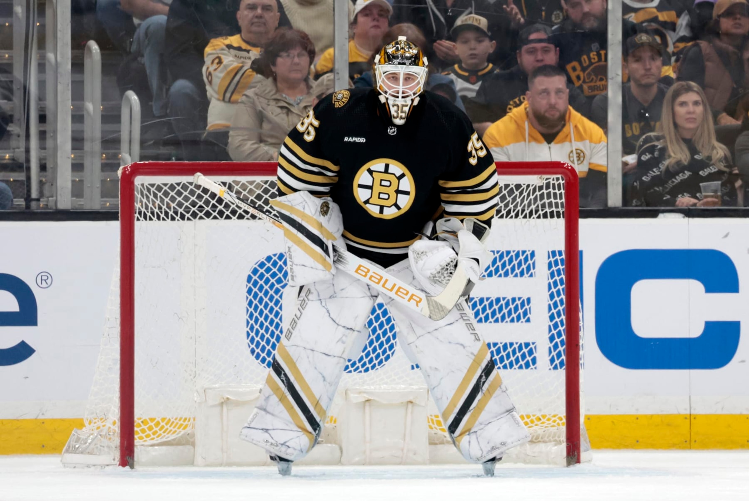BOSTON, MA - APRIL 16: Boston Bruins goalie Linus Ullmark (35) looks on during a game between the Boston Bruins and the Ottawa Senators on April 16, 2024, at TD Garden in Boston, Massachusetts. (Photo by Fred Kfoury III/Icon Sportswire via Getty Images)
