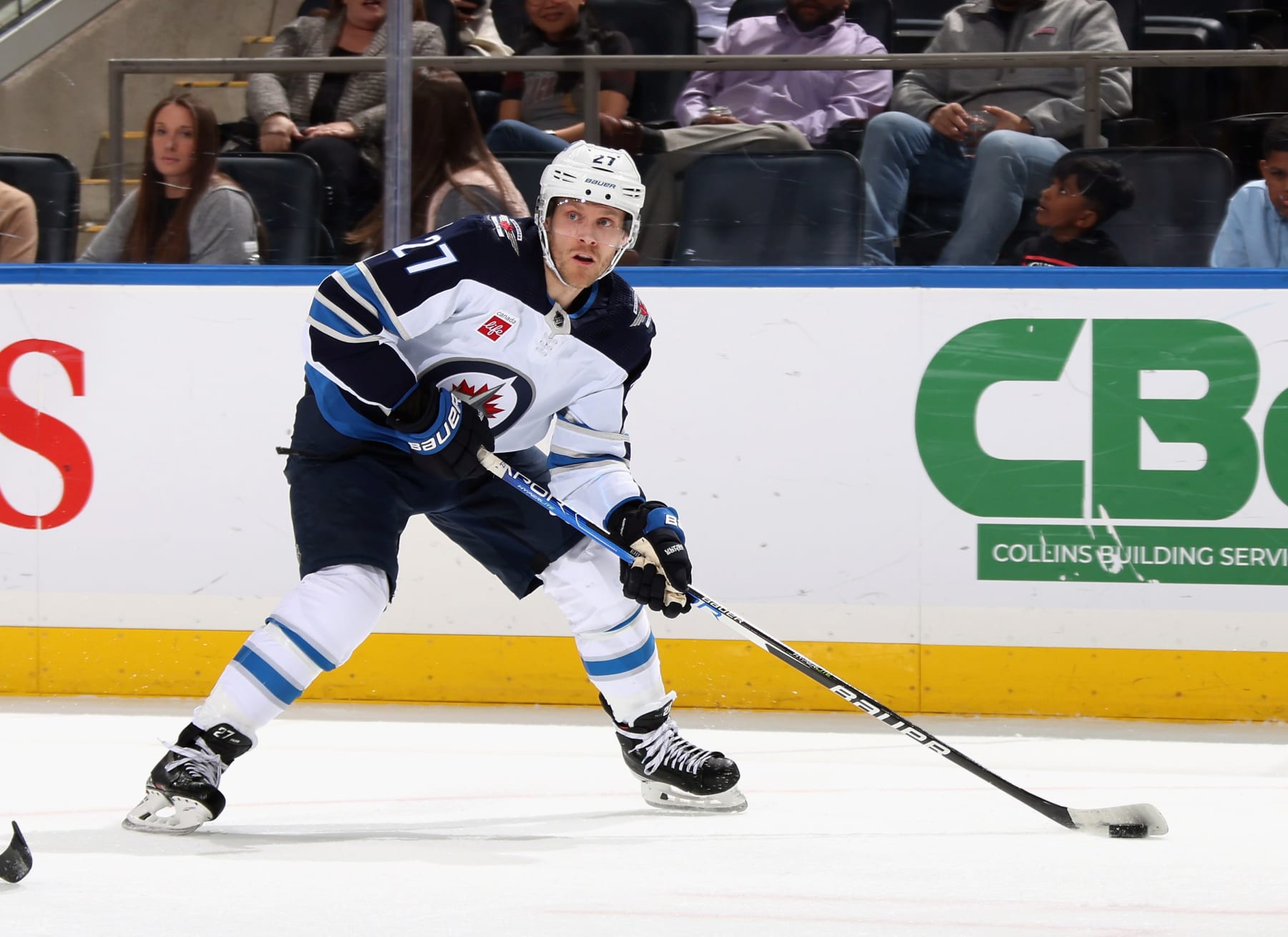 ELMONT, NEW YORK - FEBRUARY 22: Nikolaj Ehlers #27 of the Winnipeg Jets skates against the New York Islanders at the UBS Arena on February 22, 2023 in Elmont, New York. (Photo by Bruce Bennett/Getty Images)